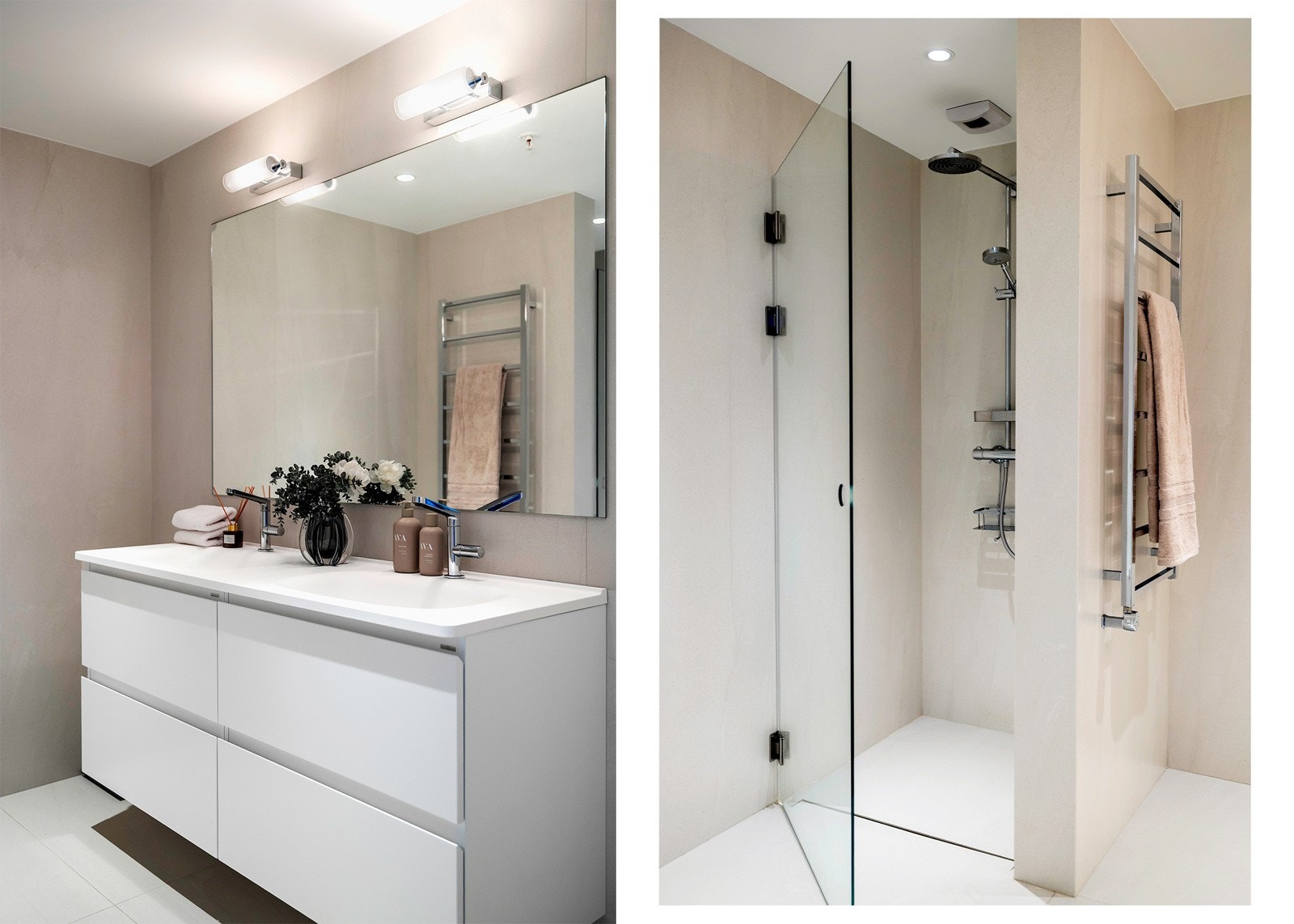 Badet har dusjnisje med regnfallsdusj og glassdør, dobbelservant med praktisk skuffeløsning, samt et stort speil med belysning. Galleribilde