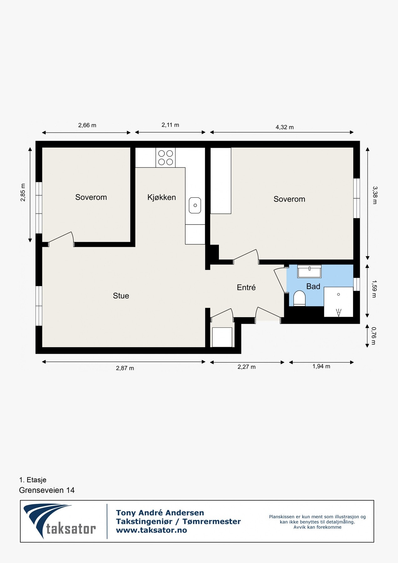 Leiligheten ligger i en høy første etg. og inneholder: Entré, bad/WC, 2 soverom, bod med opplegg for vaskemaskin samt stue med åpen kjøkkenløsning. Disponerer en kjellerbod på ca. 11 kvm. Galleribilde
