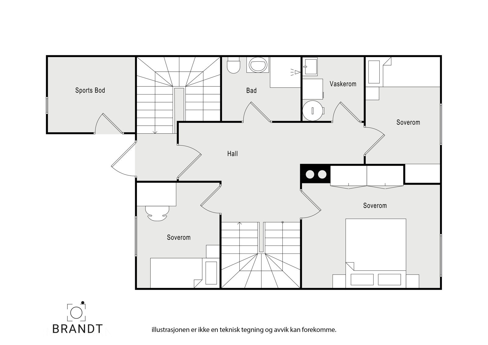 Plantegning over boligens første plan med sportsbod ved inngangspartiet, entrè og hall, tre soverom, bad og eget vaskerom Galleribilde