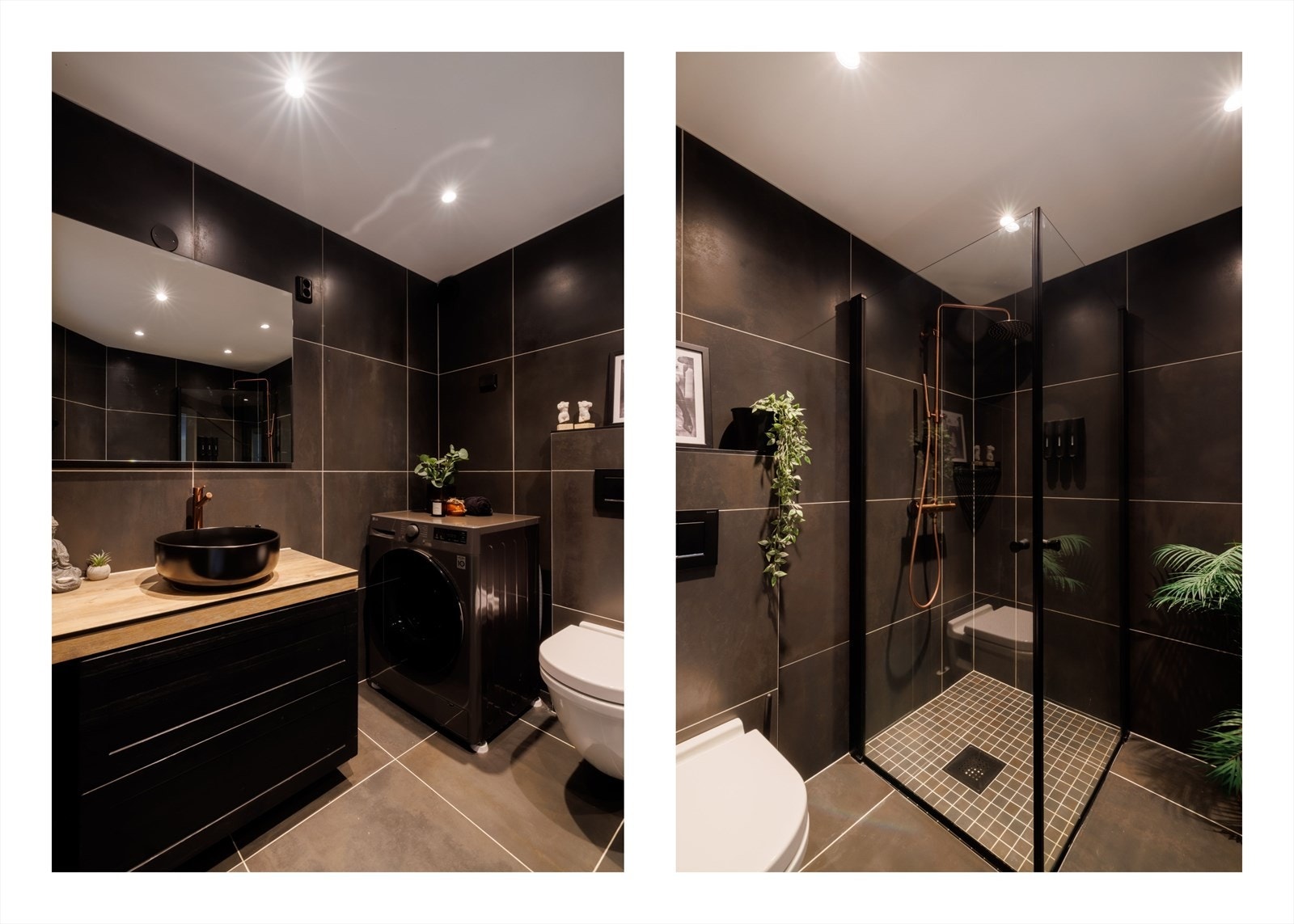 Badet er videre utstyrt med vegghengt toalett, servant med ettgreps blandebatteri, dusj med dusjarmatur samt dusjdører i glass. Det er plass og opplegg for vaskemaskin. Avtrekksventil på badet og luftspalte under døren for tilluft. Galleribilde