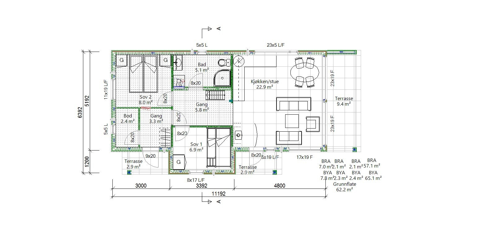 Planløsning for modell Børgefjell, stiplet område angir hemsareal. Galleribilde