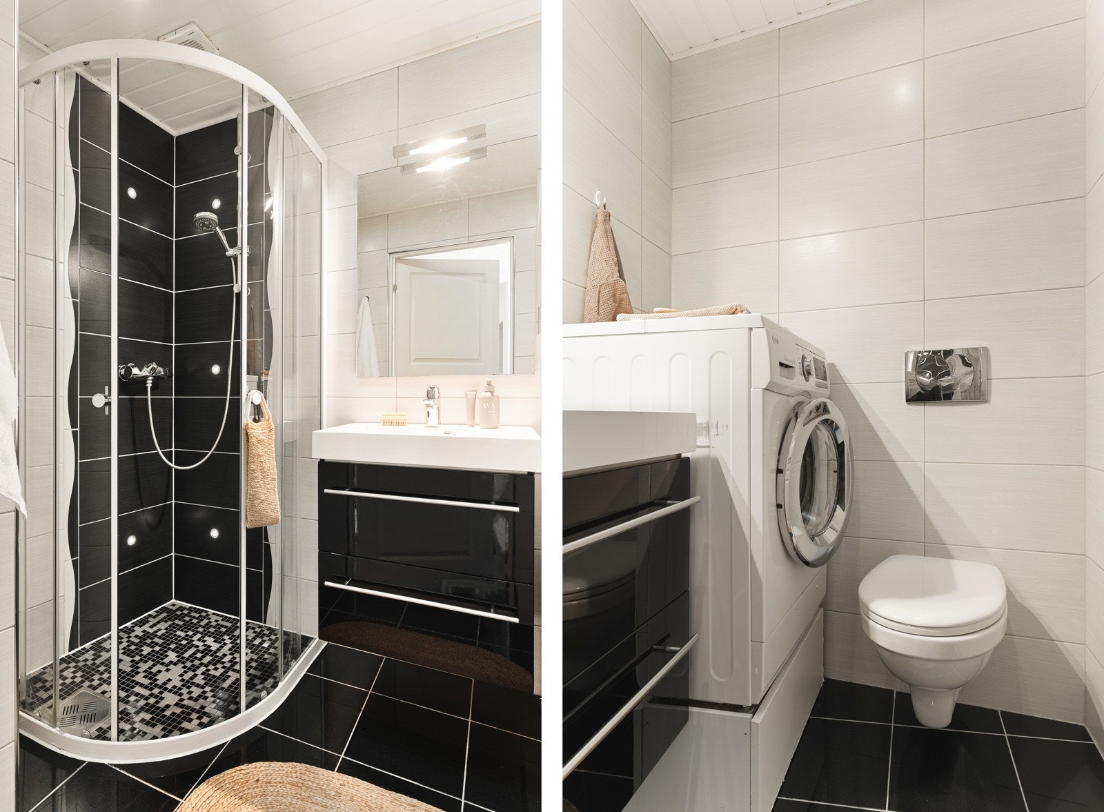 Badets innredning består av dusjhjørne, vegghengt toalett, vaskemaskin, innredning av servant og elektrisk vifte over dusj. Galleribilde