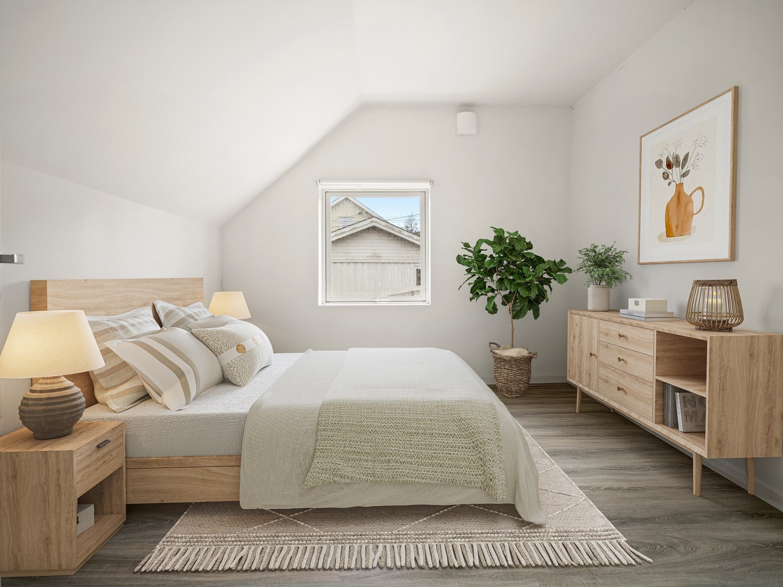 To soverom inngår i alle tre boenheter - dette utgjør hovedsoverommet i andre etasje. Bildet er digitalt møblert. Galleribilde