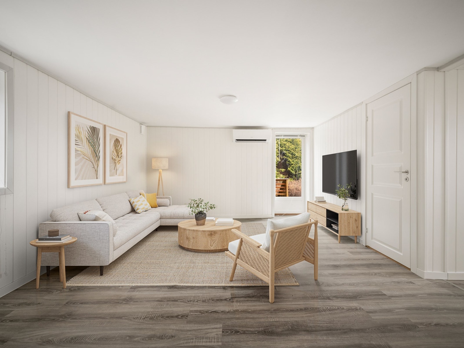 Sekundærboligen er oppgradert med samme type innvendige overflater som tomannsboligen. Bildet er digitalt møblert. Galleribilde