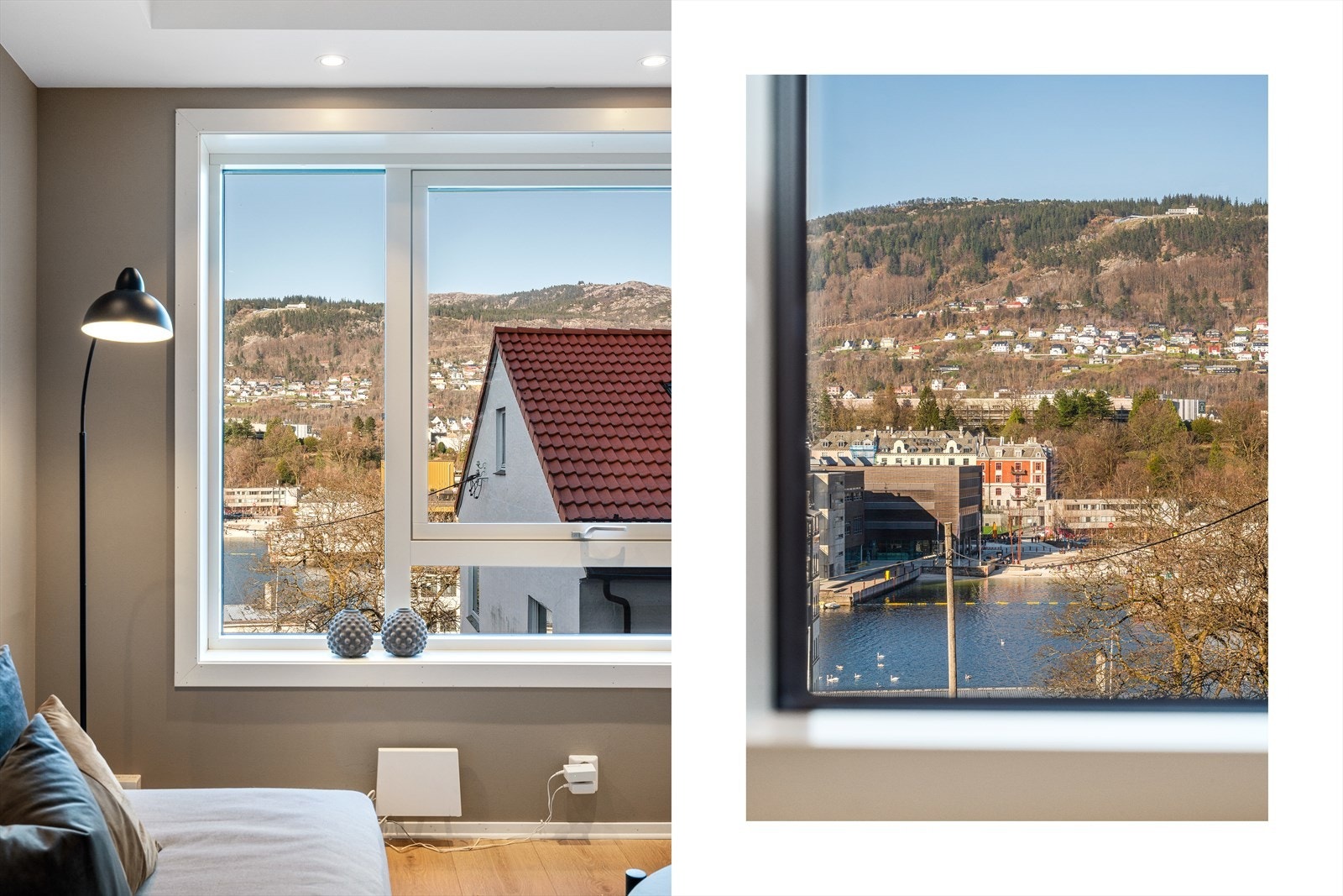 - Fra stuen har du flott utsikt mot Fløyen og Bystranden - en vakker kombinasjon av byliv og natur rett utenfor - Galleribilde