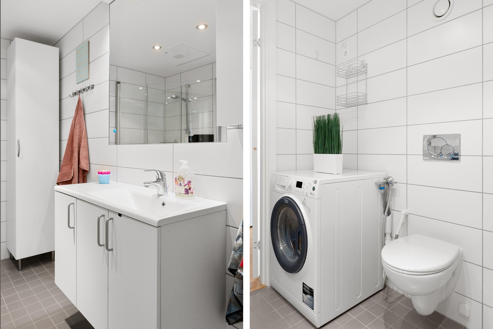 Badet er utstyrt med vegghengt servantinnredning med dører og ovenpåliggende servant, dusjhjørne med dører og vegghengt toalett. Galleribilde