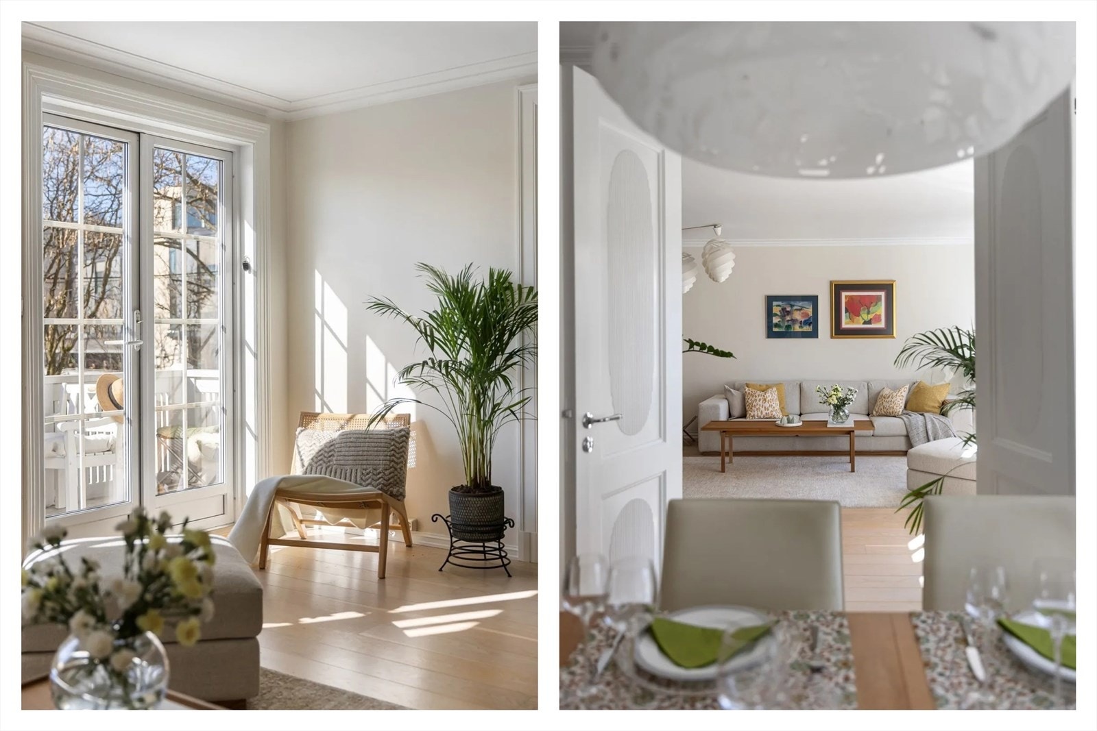 Leiligheten har fine klassiske detaljer som to-fløyede dører mellom oppholdsrommene og ut til balkong. Galleribilde