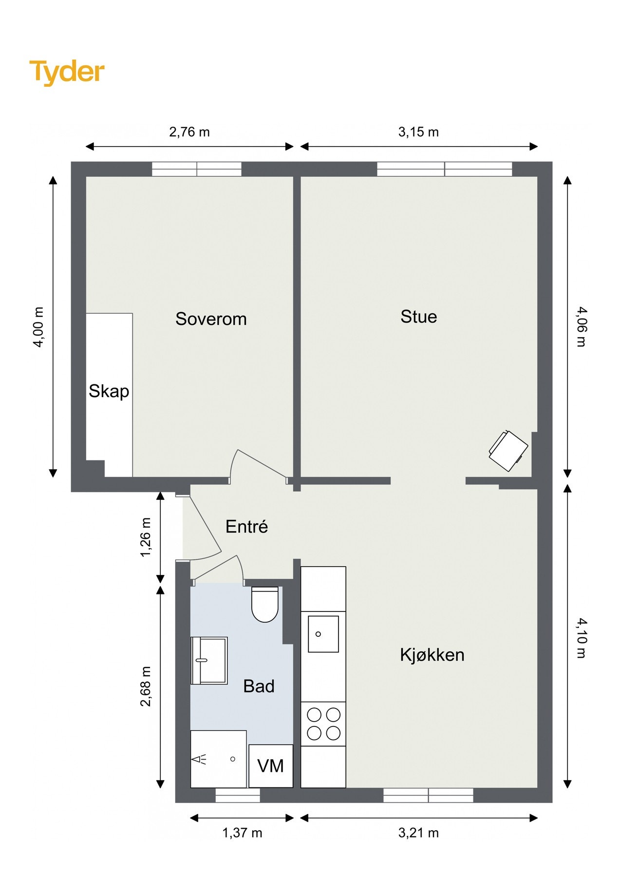 Vi kjører på med boligens planskisse med én gang, slik at du får orientert deg litt. Leiligheten disponerer også to boder, på hhv. 10 m² og 5 m². Galleribilde