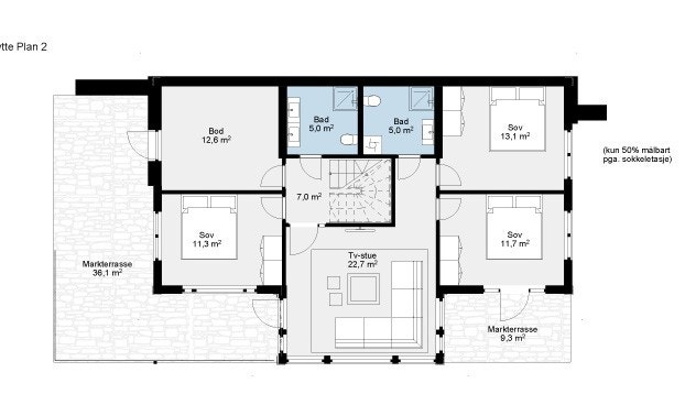 3 store soverom med 2 bad og egen TV stue. Nydelige terrasse løsninger mot syd/vest og syd/øst Galleribilde
