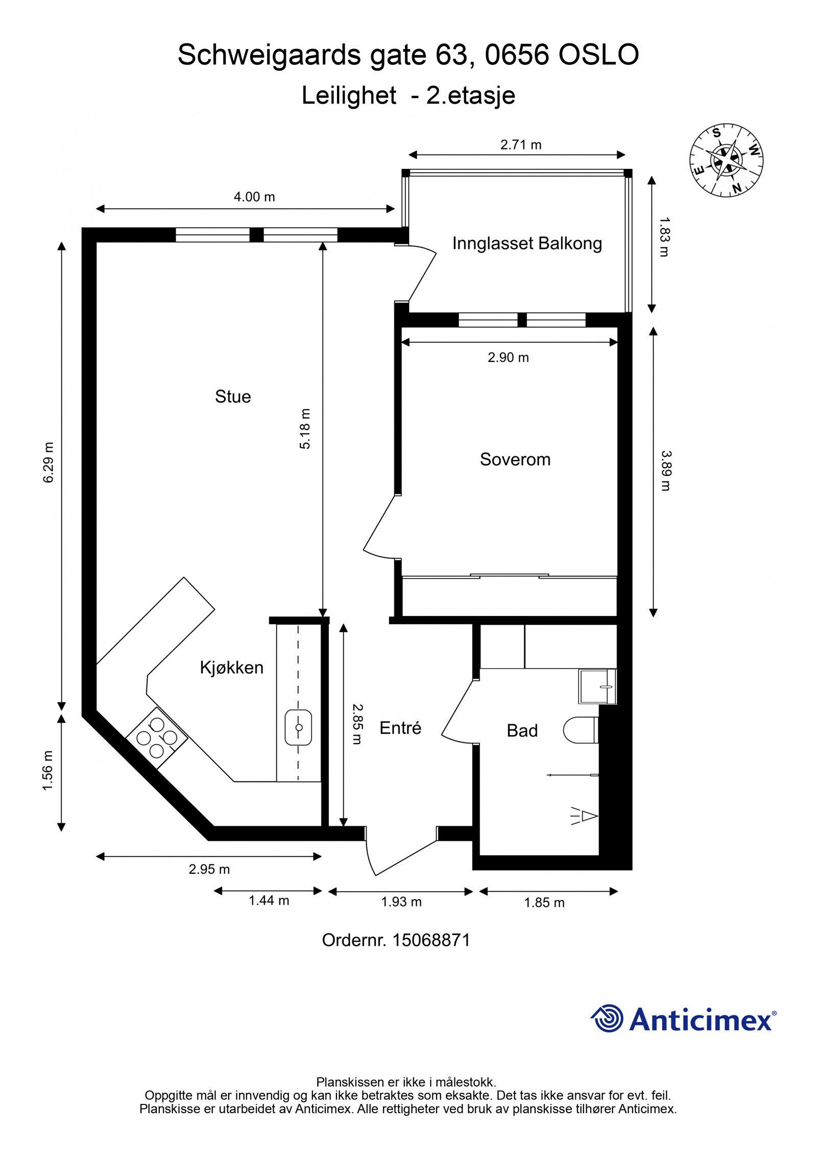 Plantegning. I tillegg disponerer leiligheten en bod i 1. etasje på ca. 3m² og en kjellerbod på ca. 4m². Heis i bygget. Galleribilde