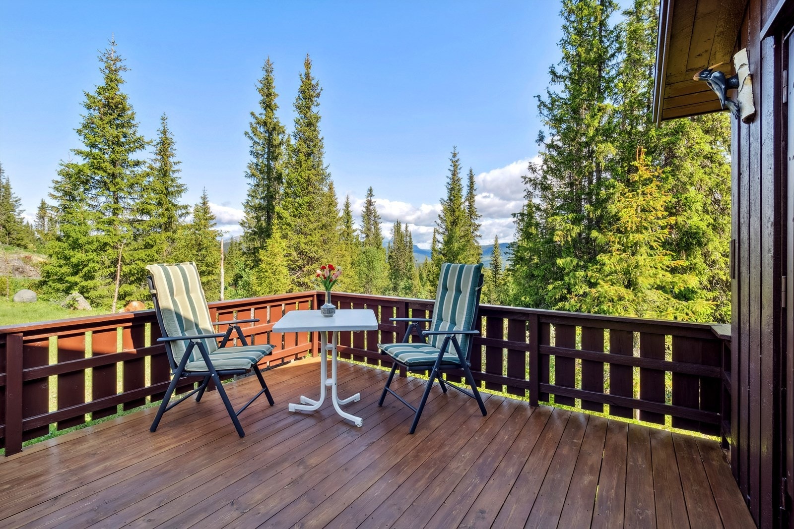 Via stuen er det utgang til terrasseplatting opparbeidet på dekke av tre og innrammet med rekkverk. Her er det gode solforhold og svært skjermet for innsyn. Galleribilde