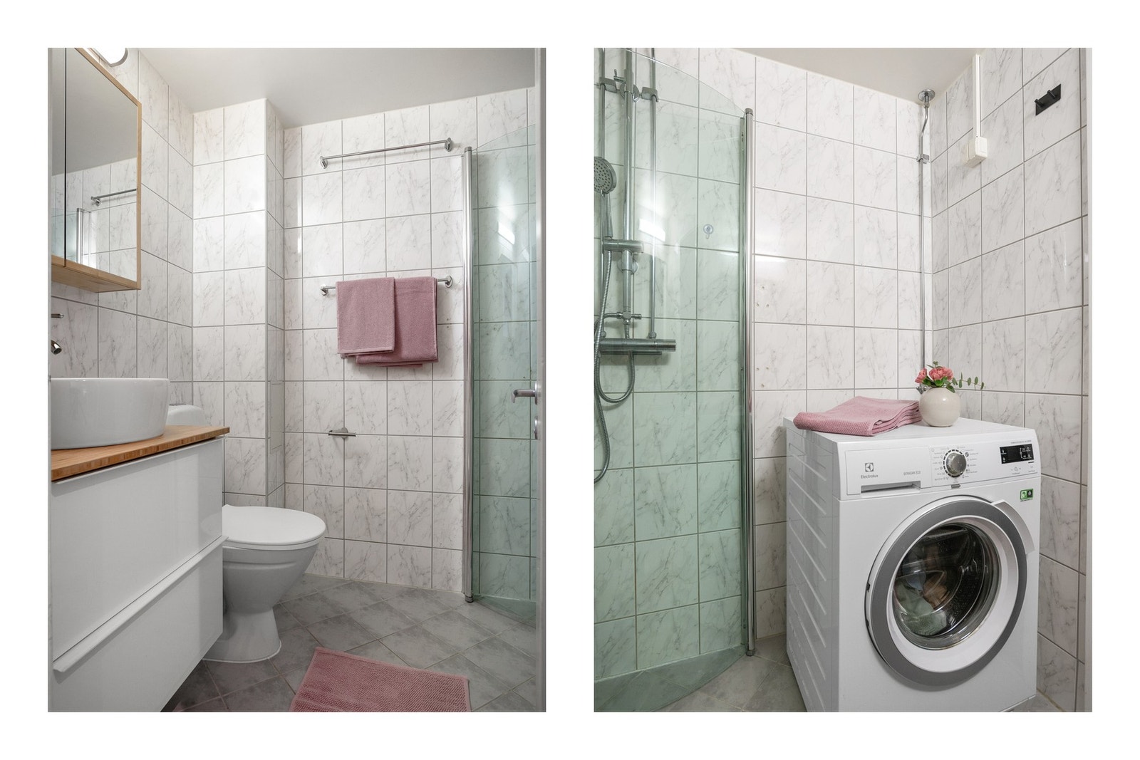 Tidløst og pent flislagt baderom fra 2009 med varmekabler i gulv, og opplegg for vaskemaskin. Galleribilde