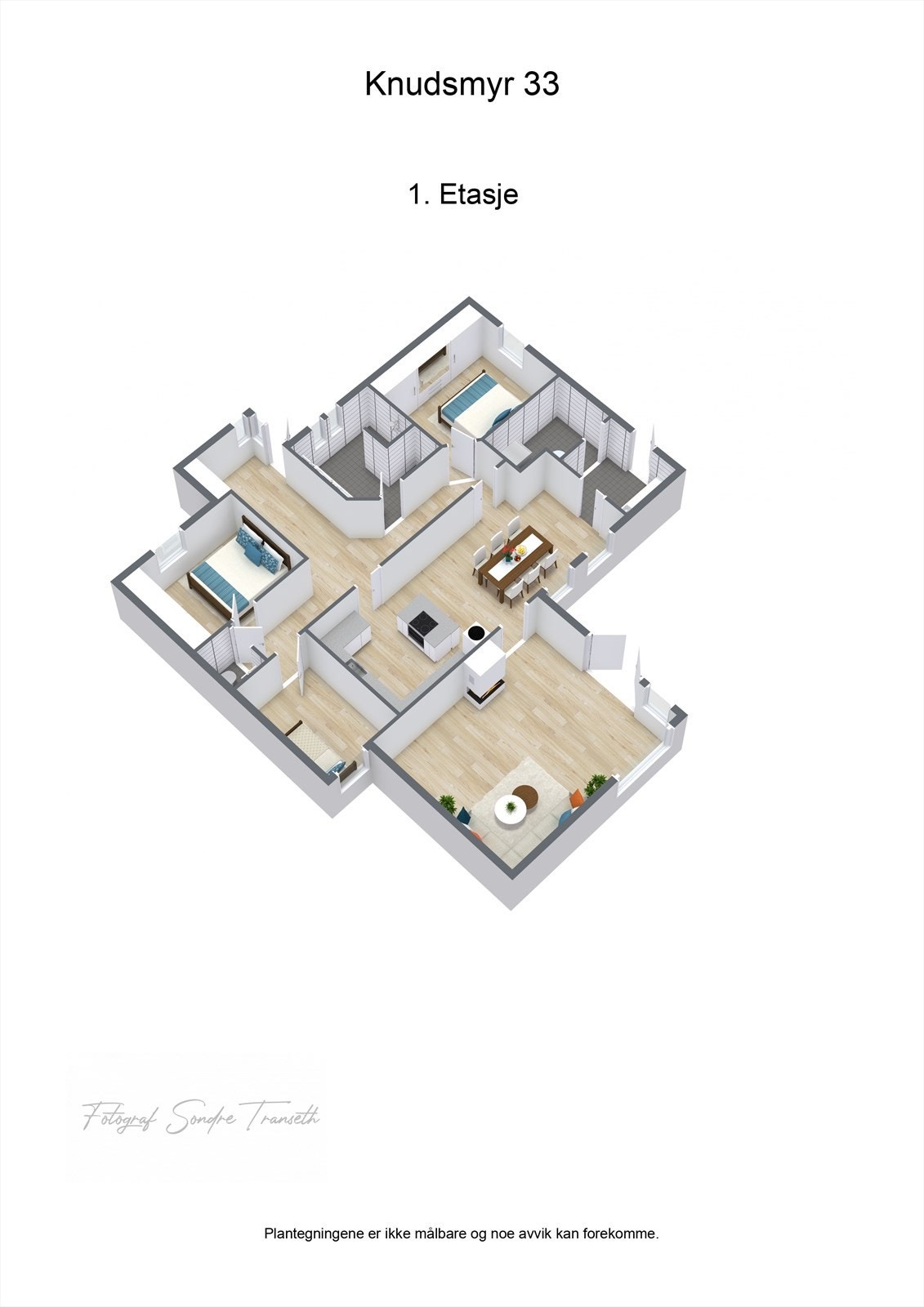 Planløsning 1.etg.: entre/hall, 3 stk. soverom, toalettrom, bad, vaskerom, kjøkken/spisestue, samt stue med tilkomst til terrasse/hagestue. I tillegg medfølger det en dobbel garasje med et lite verksted, samt innredet garasjeloft. Galleribilde