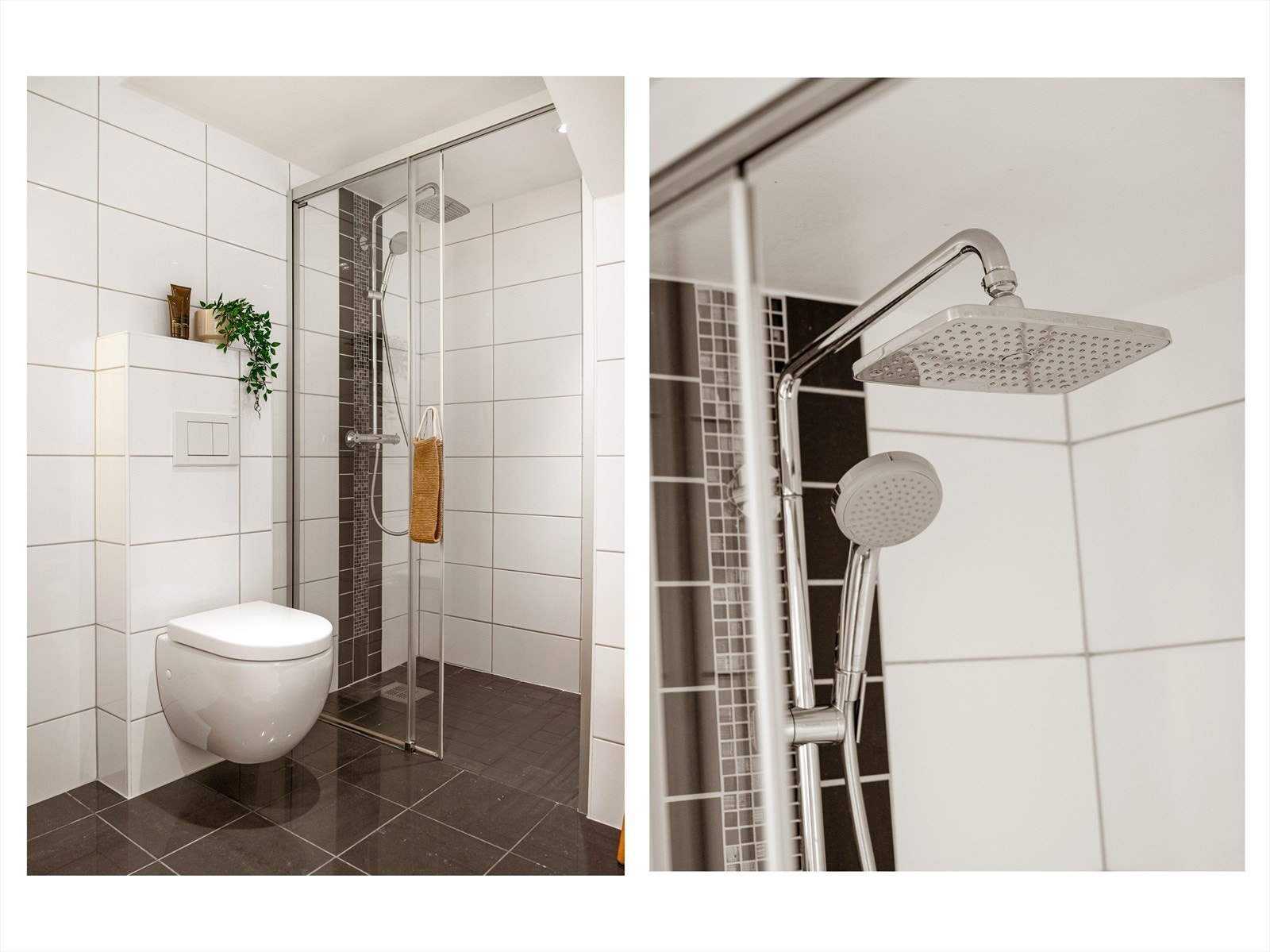 Godt utstyrt med med vegghengt toalett, vask med underskap og stor dusjnisje med rainshower Galleribilde