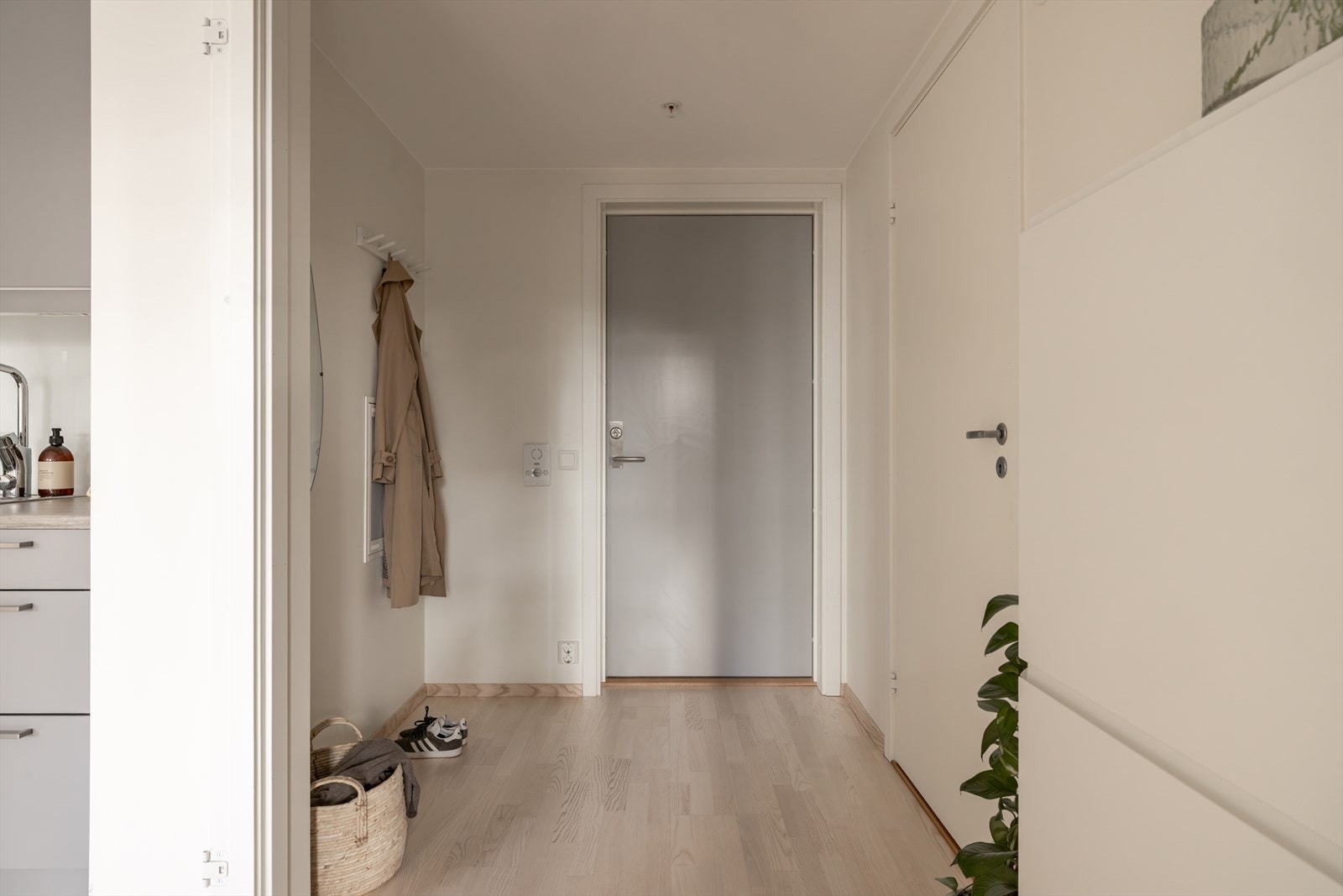 Innbydende entré med knagger på vegg for oppheng av yttertøy. Galleribilde