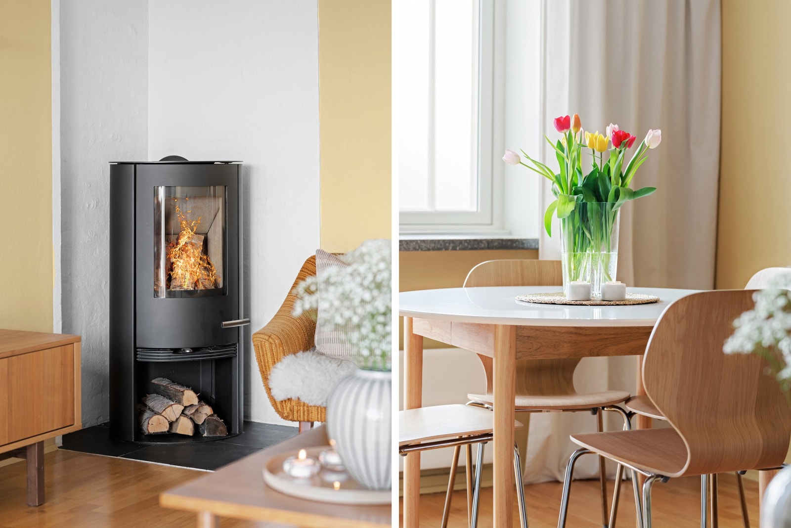 Det er plassert en moderne vedovn fra 2014 i hjørne i stuen. Pipeløpene ble rehabilitert i regi av brl. i 2020/21. Galleribilde