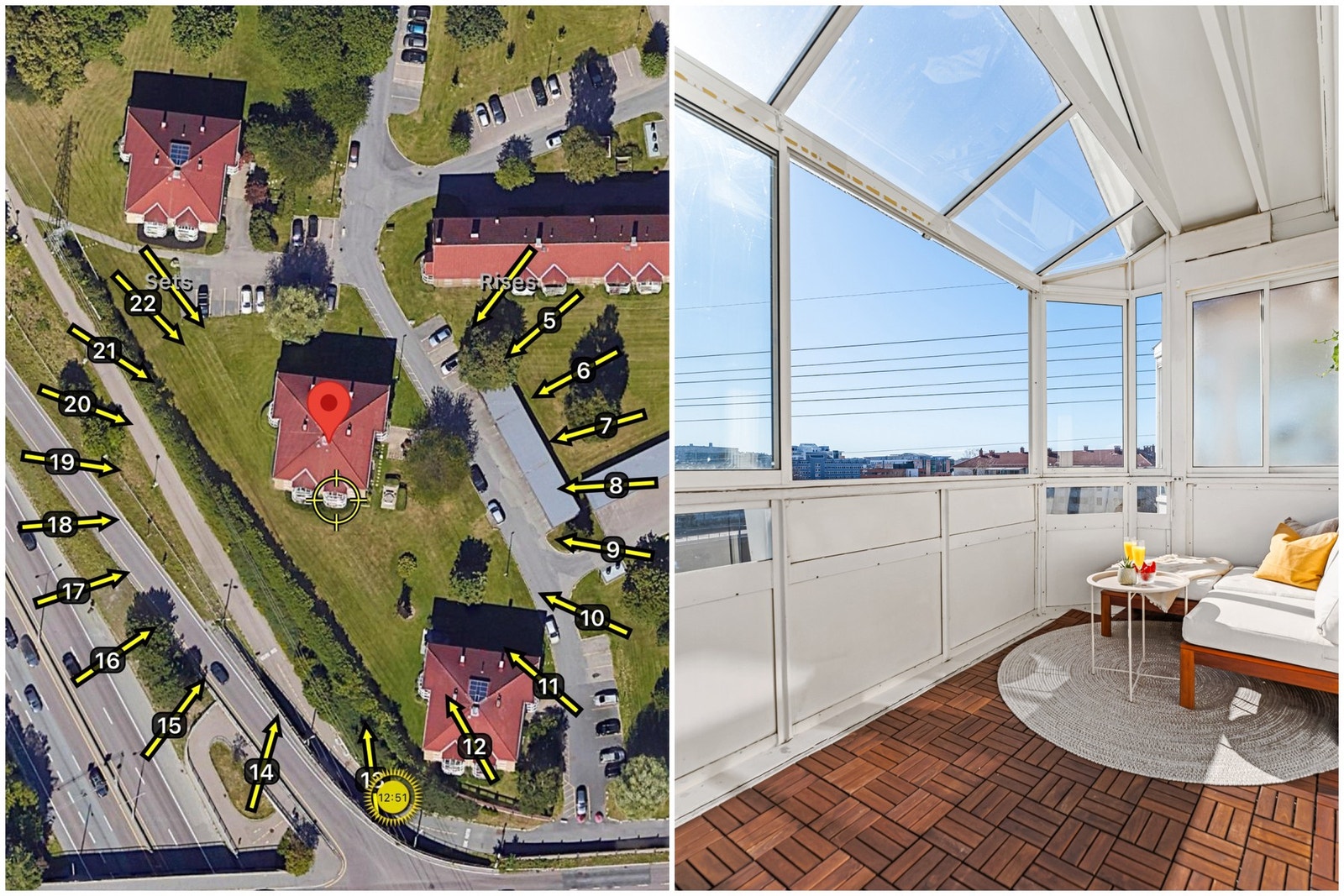 Den sydvendte beliggenheten sørger for fine solforhold på balkongen. Innglassingen kan skyves til side slik at solen slipper inn. Galleribilde