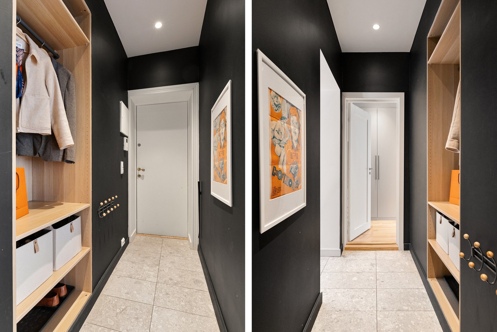 I entréen har du et praktisk og åpent garderobeoppsett med plass til oppheng av yttertøy, samt hyller for oppbevaring av sko og annet tilbehør. Galleribilde