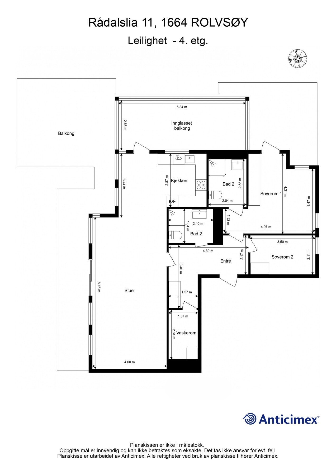 Planskisse, detaljer kan avvike. Leiligheten er opprinnelig bygget som en fireroms leilighet med tre soverom. Det tredje soverommet lå i forlengelsen av stuen. Galleribilde