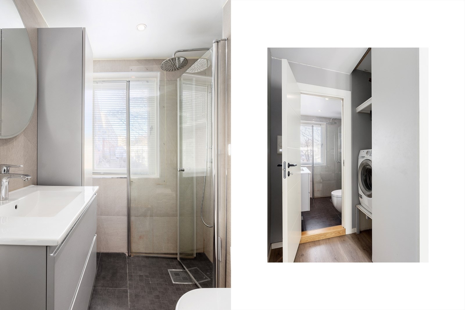 Romslig dusjnisje - Opplegg for vaskemaskin i skap. Galleribilde