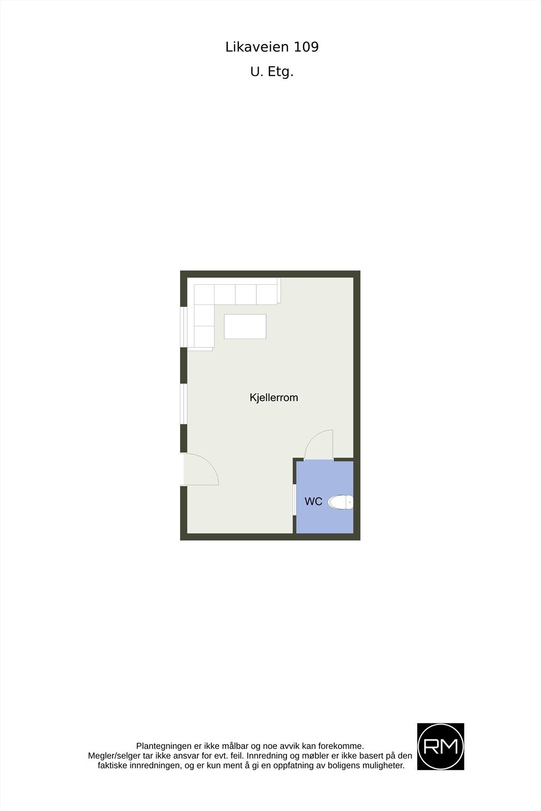 Planløsning underetasje. Rom som vist på tegning som WC rom er i dag fjernet og kjelleren fremstår uinnredet. Galleribilde