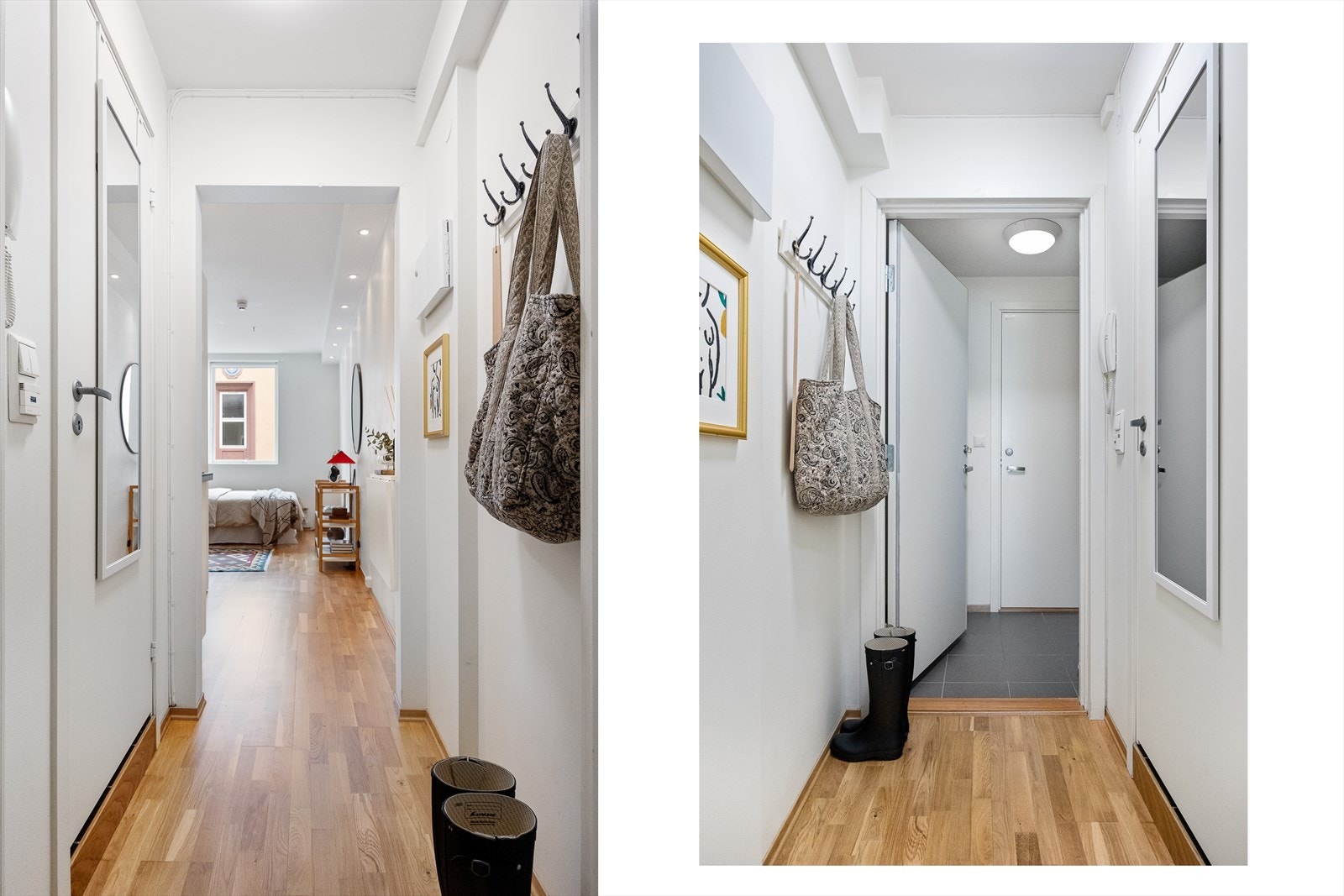 Entréen er lys og innbydende. Her slipper du enkelt inn gjestene med dørtelefon som er plassert ved inngangsdøren. Galleribilde