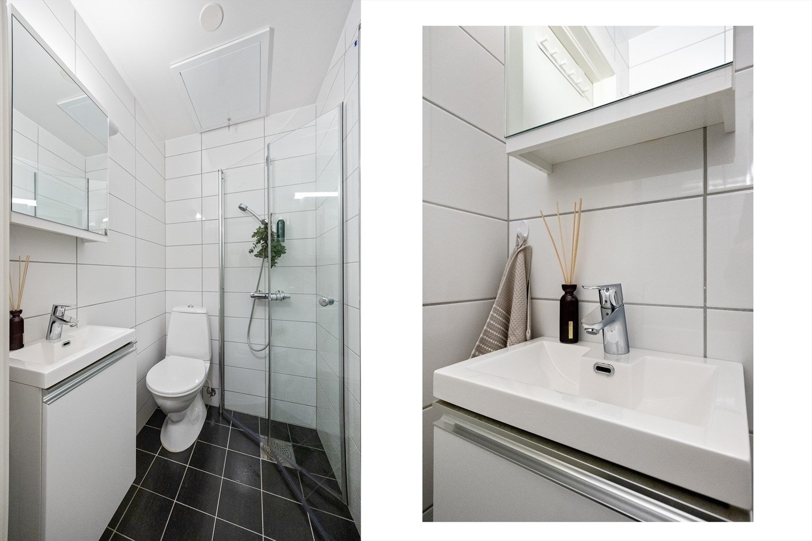 Badet er helfliset med varmekabler i gulvet og er innredet med servant med underskap, overskap med speil, dusjhjørne og WC. Galleribilde