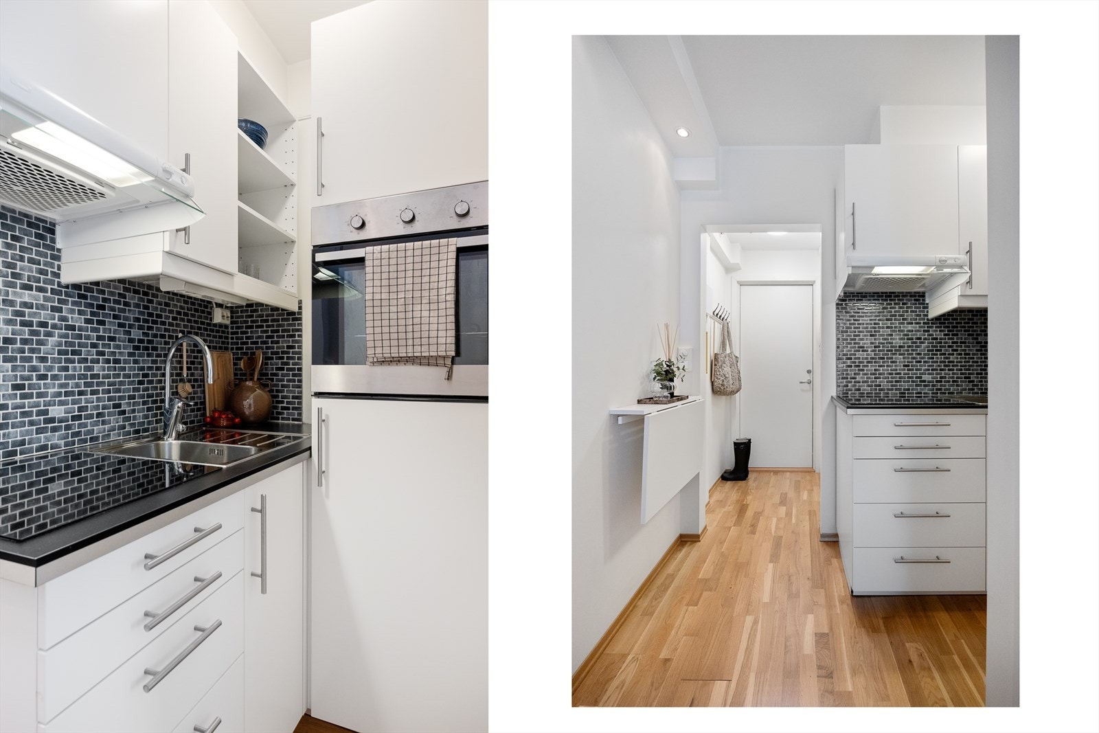 Her er det også fliset backsplash for enkel rengjøring og vedlikehold. Ved kjøkkenet er det også et praktisk sammenfolfbart spisebord. Galleribilde
