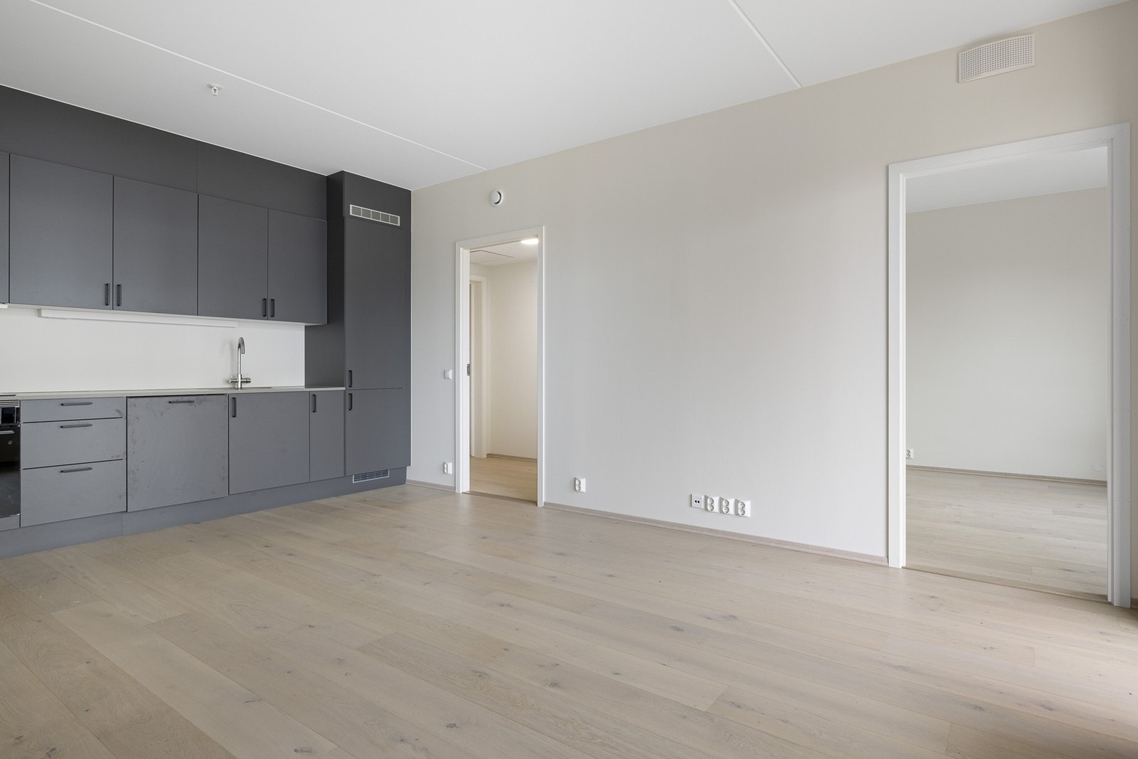 Integrerte hvitevarer består av oppvaskmaskin, kombinert kjøl/frys, stekeovn og ventilator over kokesonen. Galleribilde