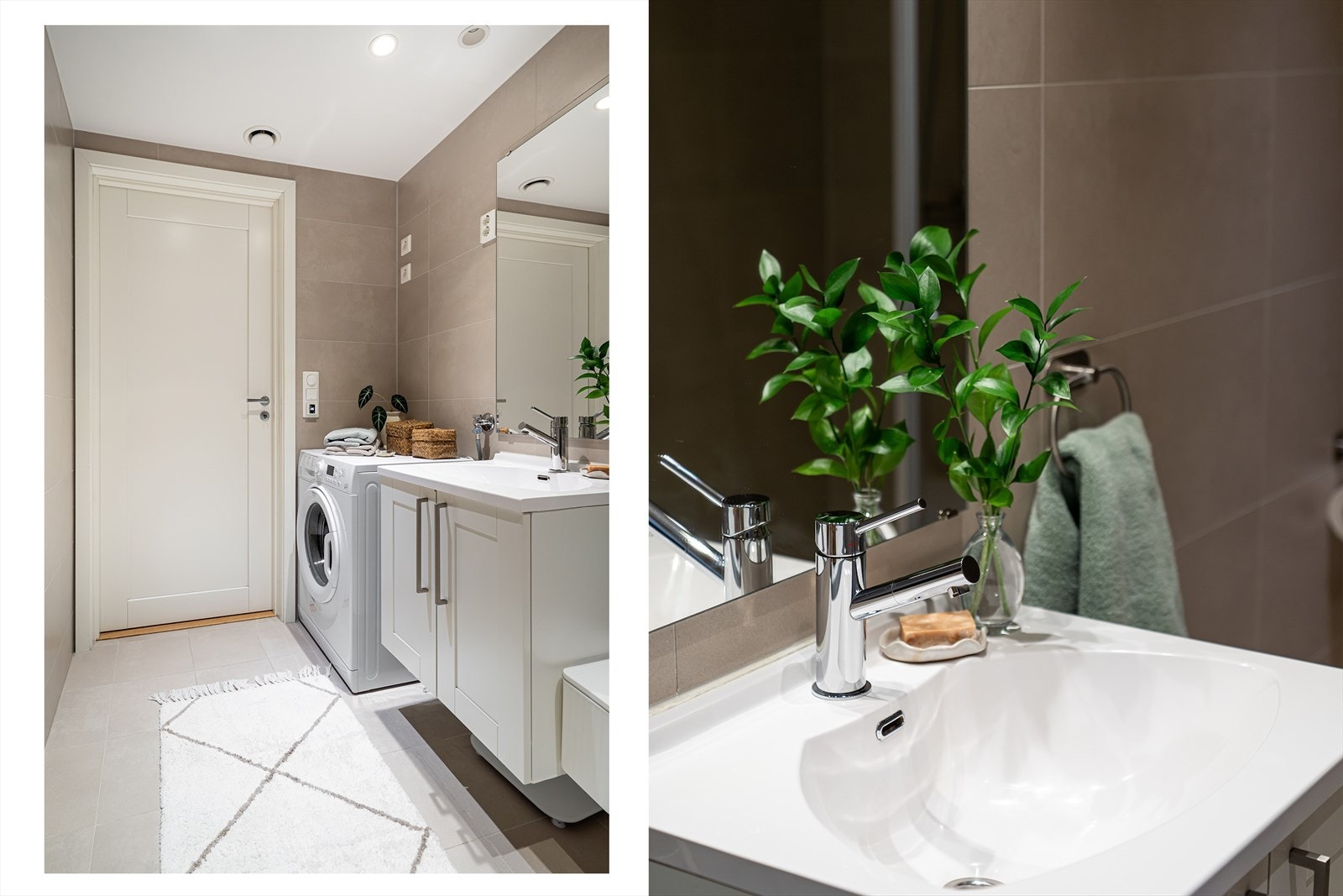 Badet er innredet med dusjhjørne, vegghengt toalett og servant med skap for oppbevaring. Opplegg til vaskemaskin. Galleribilde