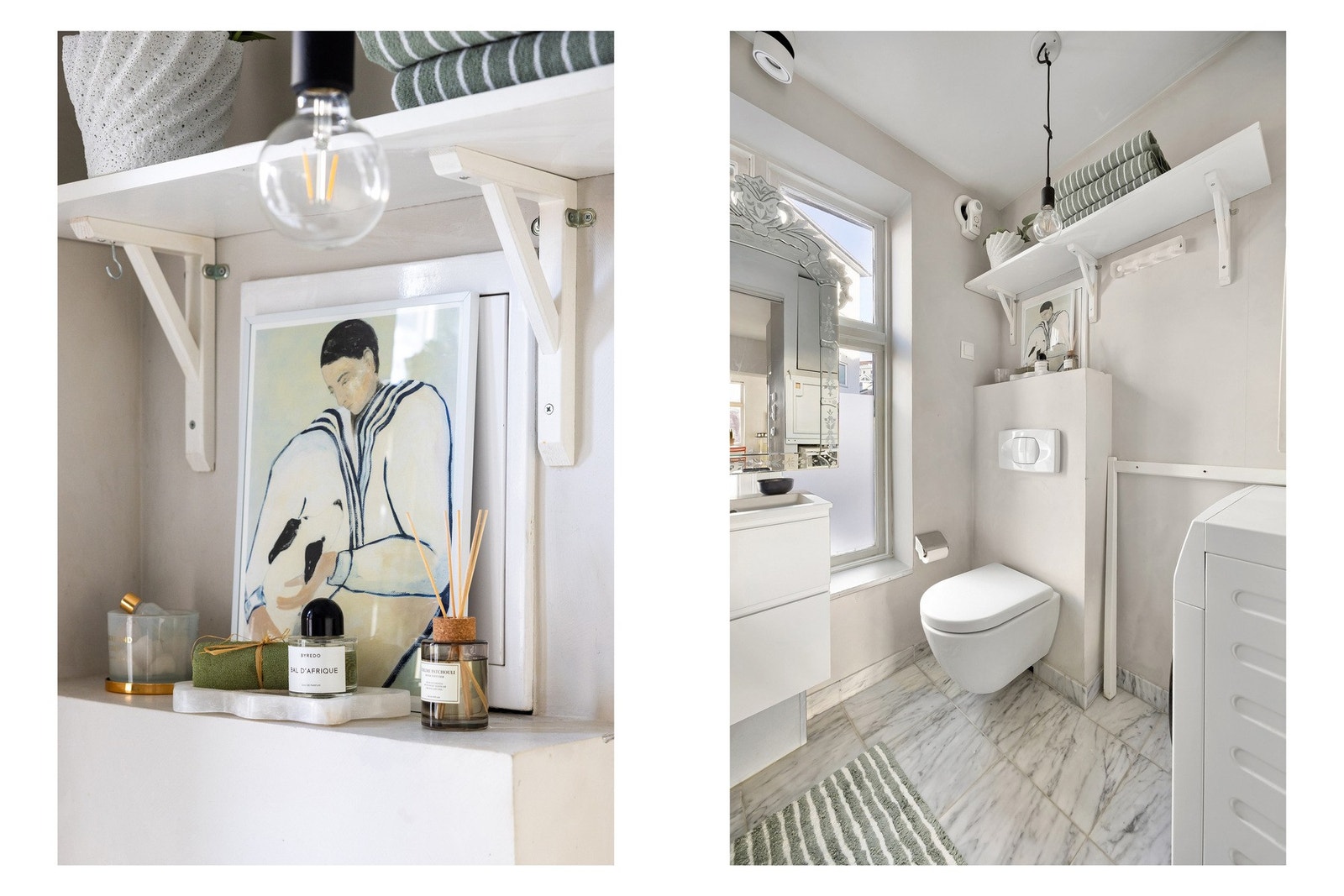 Badet har vegghengt toalett og opplegg for vaskemaskin. Galleribilde