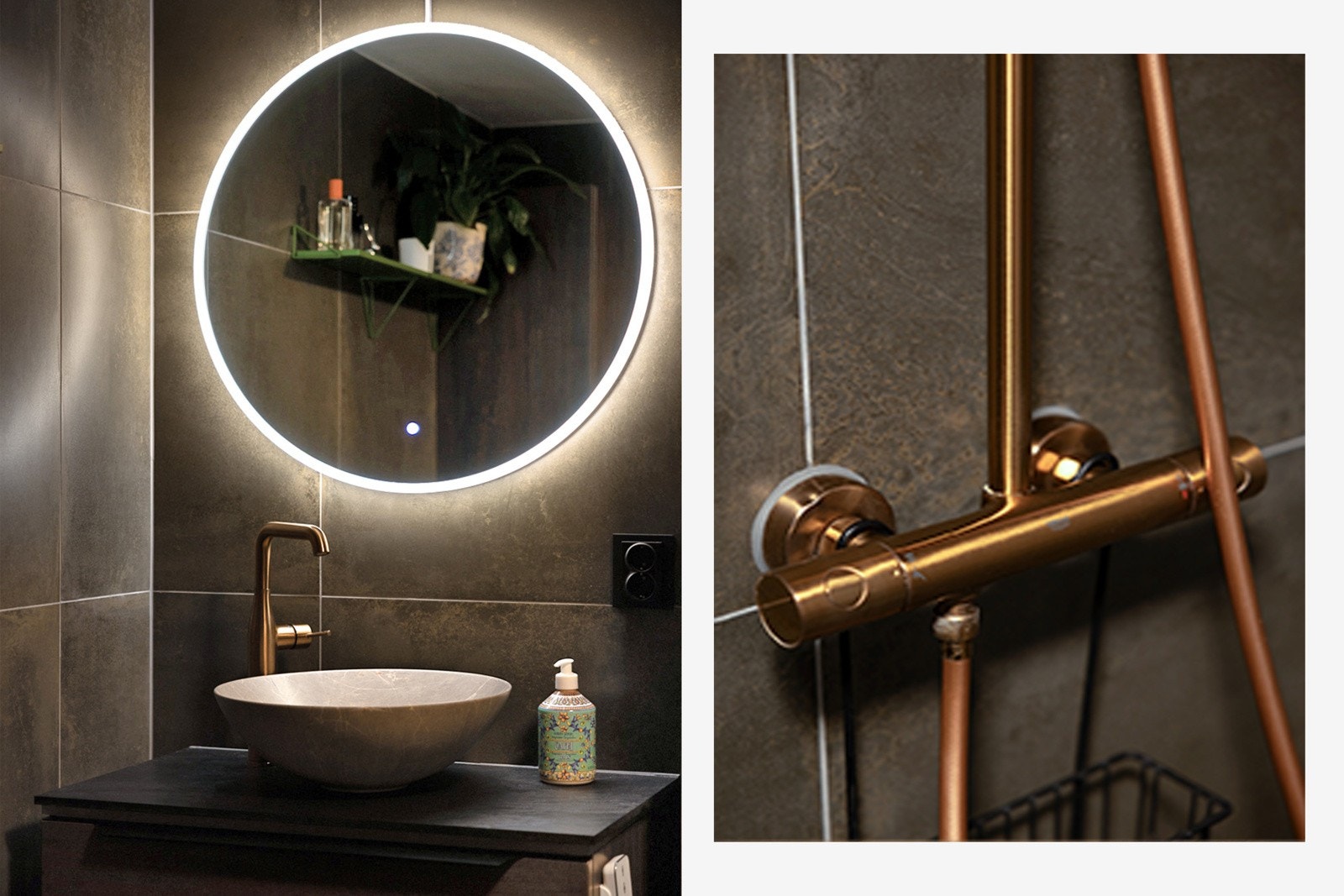 Armatur til servant og dusjarmatur er fra Grohe. Det er dusjvegger/hjørne med både regnfallsdusj og hånddusj, samt vegghengt spyletoalett fra Villeroy og Boch. Badet har opplegg for vaskemaskin og tørketrommel. Galleribilde