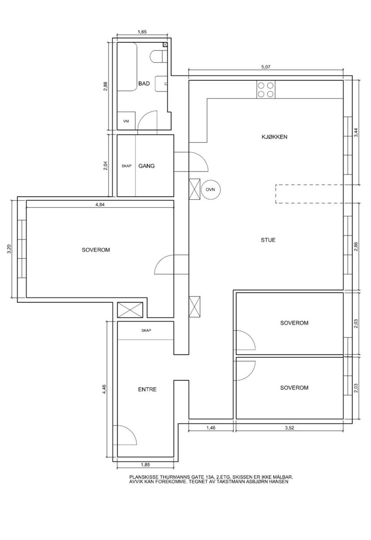 For de som trenger tre soverom: her er plantegning over leiligheten i etasjen under. Bare som et eksempel altså. Galleribilde