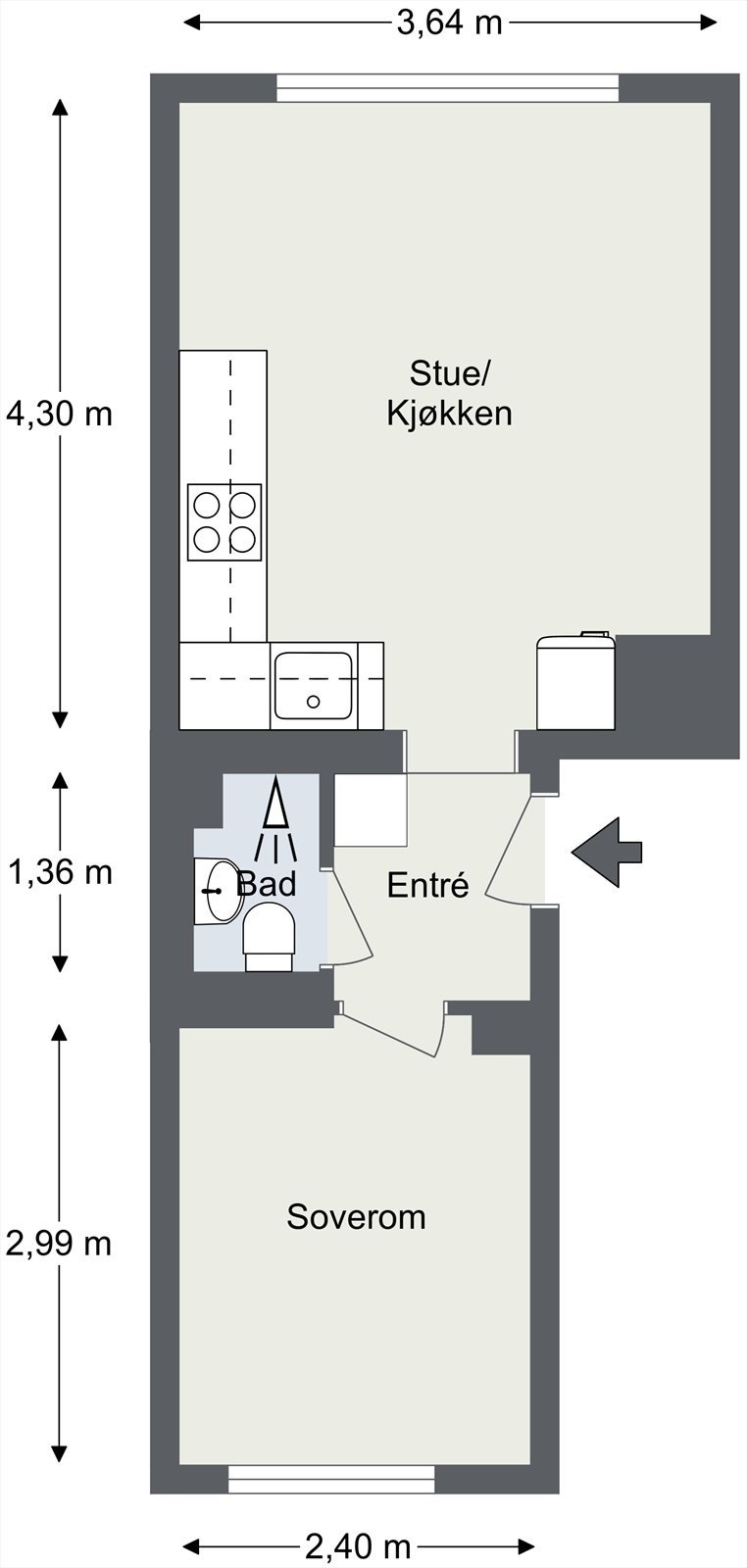 Alternativ planløsning. Interessenter bes om å undersøke med fagkyndig og styreleder om kjøkken kan flyttes, dersom endring av planløsning er avgjørende for kjøp. Galleribilde