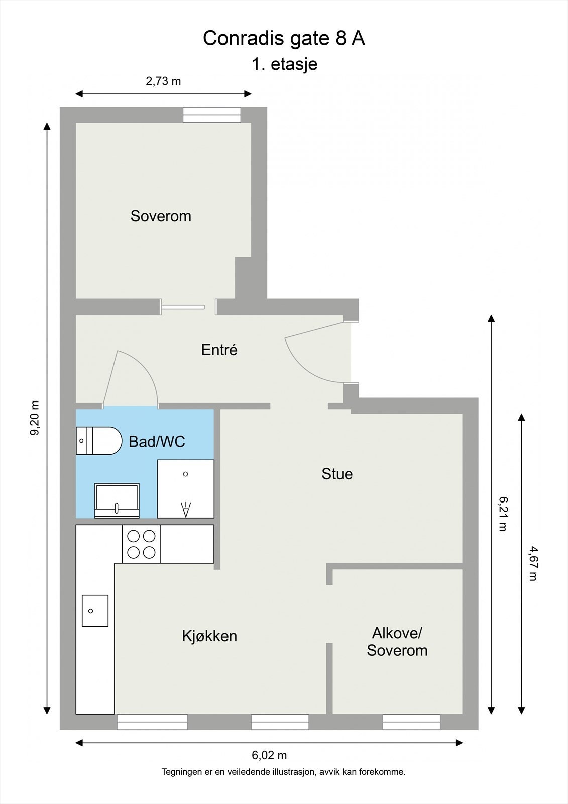 Plantegning - Leiligheten inneholder entré, bad/WC, soverom, alkove, kjøkken og stue i åpen løsning. I tillegg disponerer boligen en loftsbod og en kjellerbod. Galleribilde