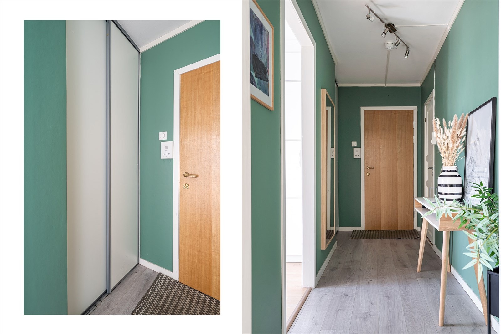 Entreen i leiligheten er innbydende og romslig, med enstavs laminatgulv, malte vegger og plassbygd skyvedørsgarderobe. Galleribilde