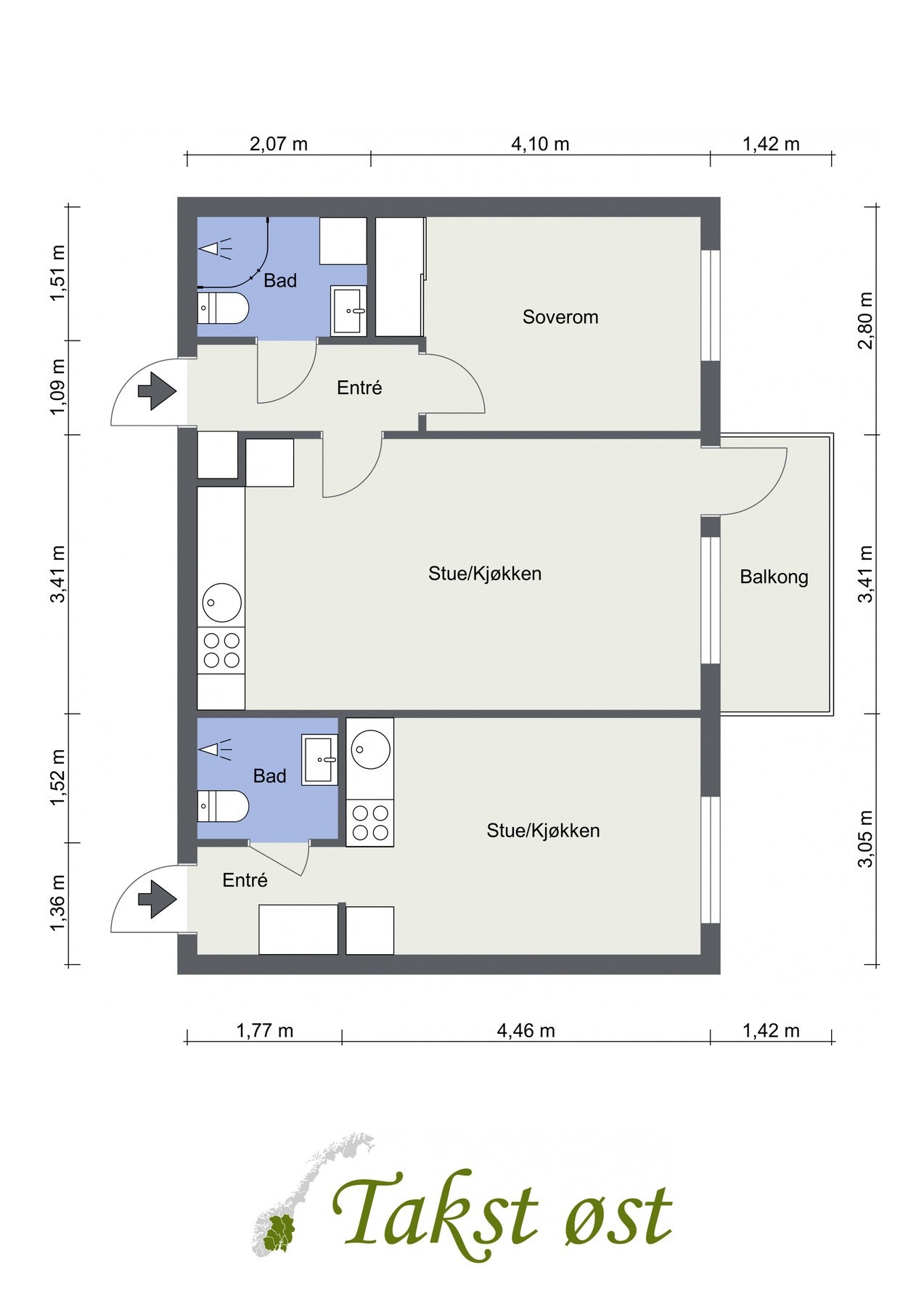Leilighetens plantegning viser leilighetens hoveddel, og tilleggsdel som er utleid per dags dato Galleribilde