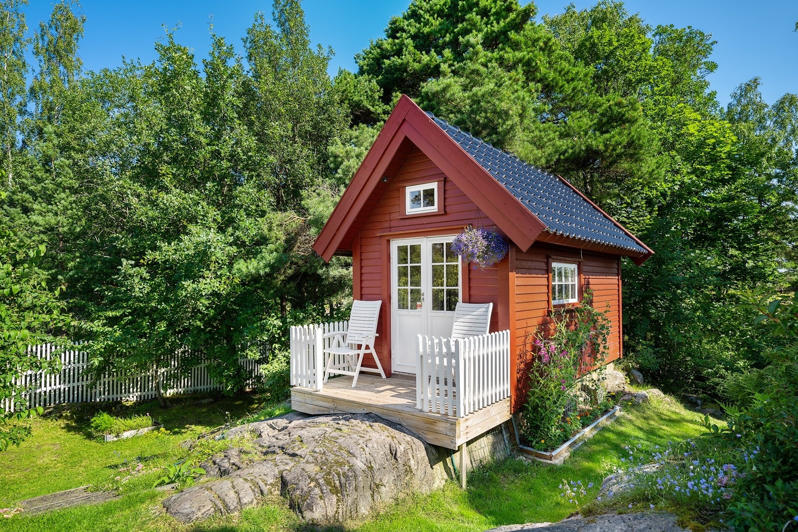 Uthus/utebod som gir godt med lagringsplass og koselig sitteplass i le for østavinden Galleribilde