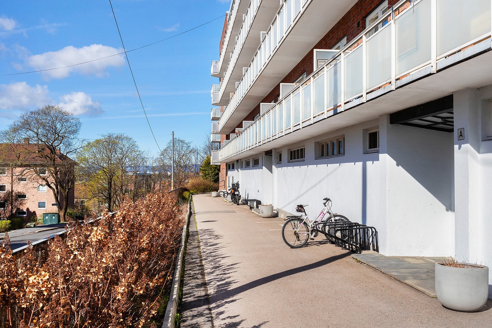 Inngangspartiet er opparbeidet med asfaltert vei, beplantning og sykkelparkering. Galleribilde