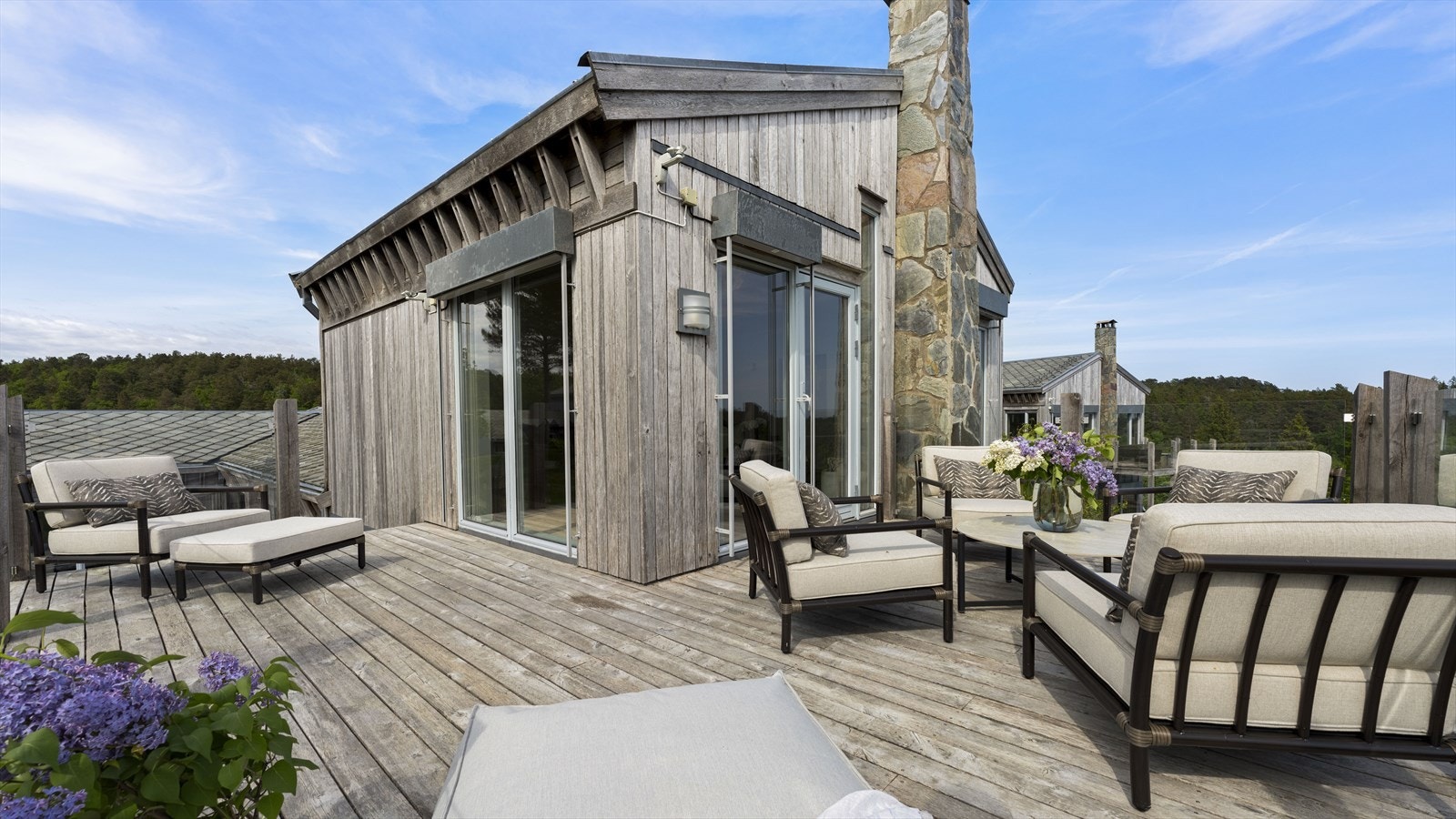 Arkitekten har tenkt på det meste: her er det ospekledning som gråner naturlig og vakkert, sinkbeslag og skjulte takrenner samt en nydelig naturstenspipe. Galleribilde