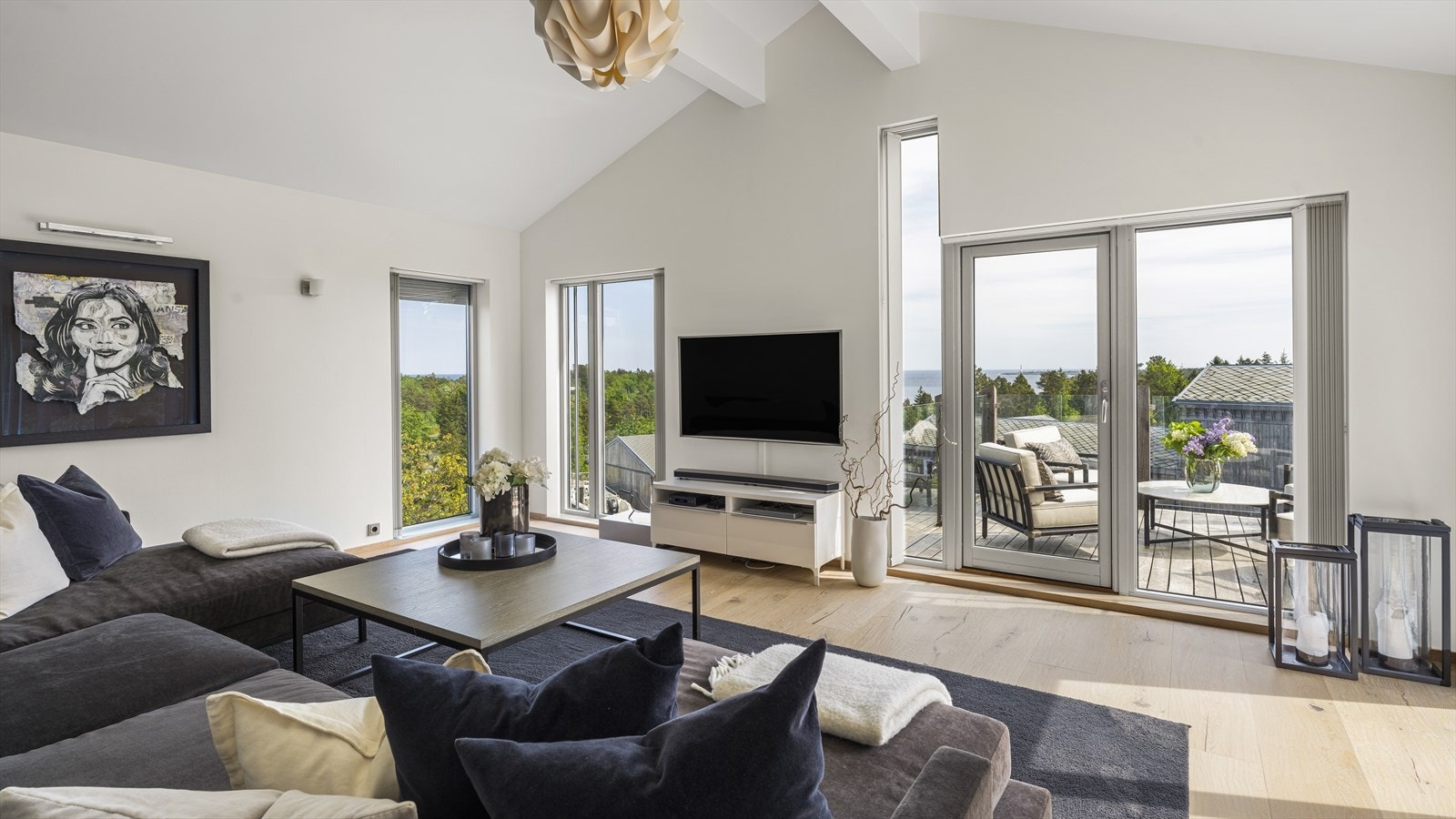 Tv-stua på øverste nivå har en fantastisk utsikt mot Torungene og horisonten. Her er utgang til en stor veranda. Galleribilde