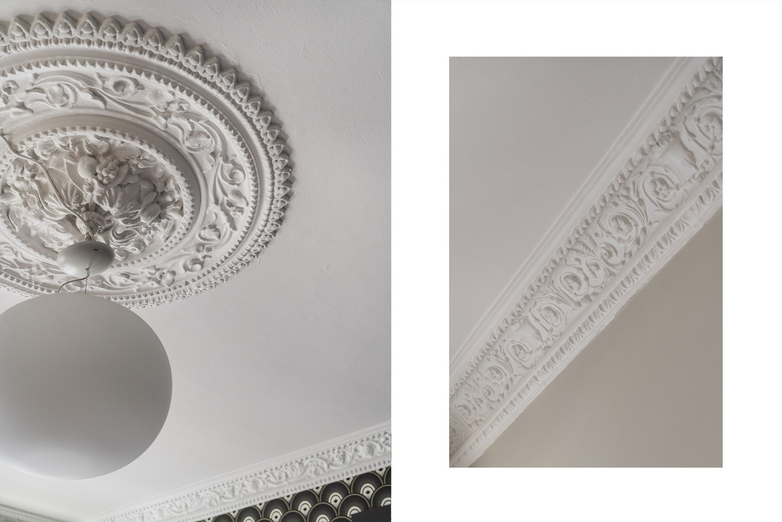 Klassiske og staselige detaljer som rosetter, stukkatur og brystning er er pent bevart. Galleribilde