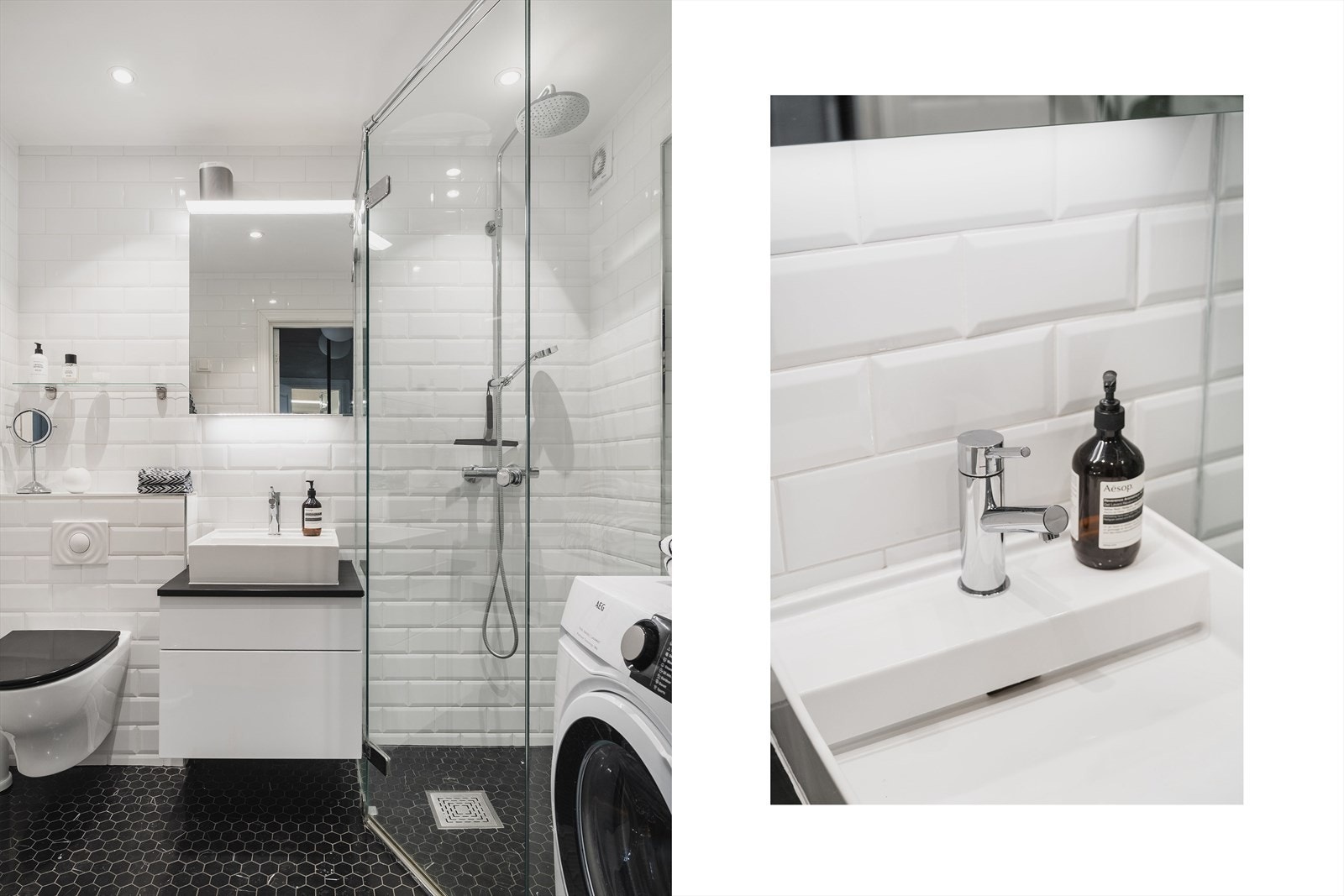 Lekkert og sofistikert utført bad med marmorflis på gulv og tidløse metrofliser på vegg. Galleribilde