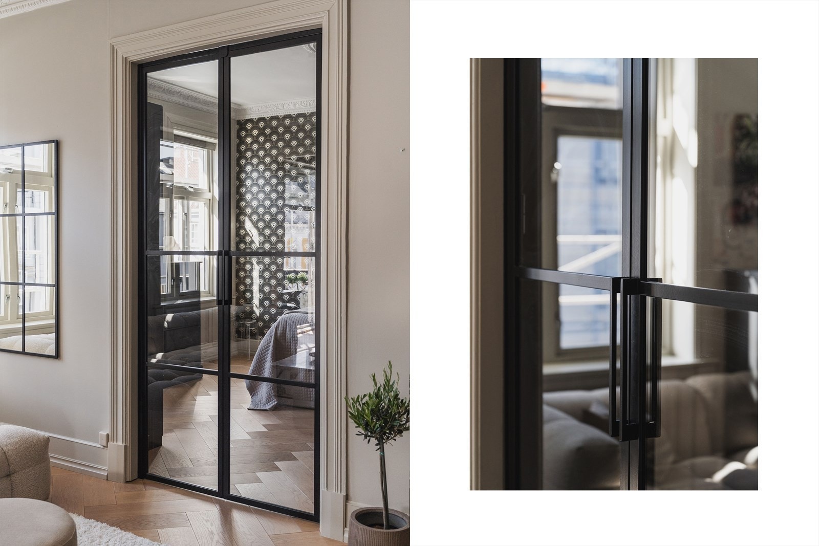 Stilfull tofløyet glassdør mellom stue og hovedsoverom - her møter det klassiske det moderne. Galleribilde