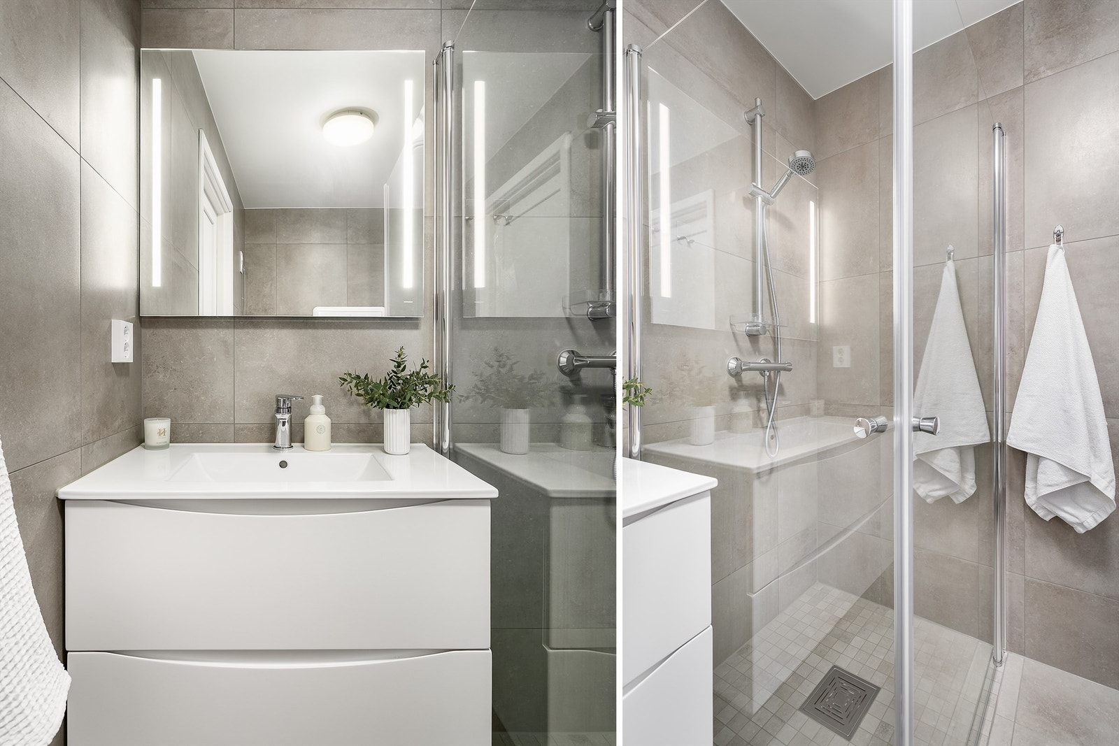 Like fliser av storformat på både veggene og gulvet utenom dusjsonen gir badet et helhetlig uttrykk. I gulvet er det også varme. Galleribilde