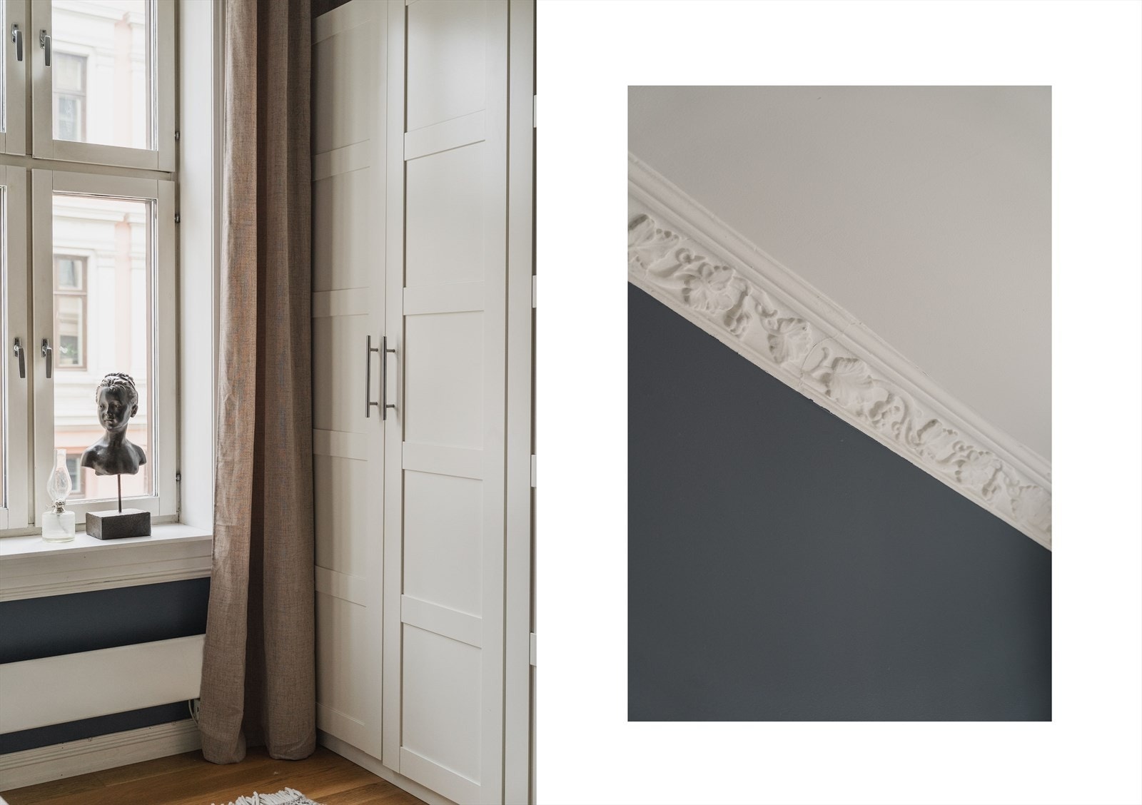 Rommet byr på klassiske detaljer som stukkatur i taket og store vinduer. Galleribilde