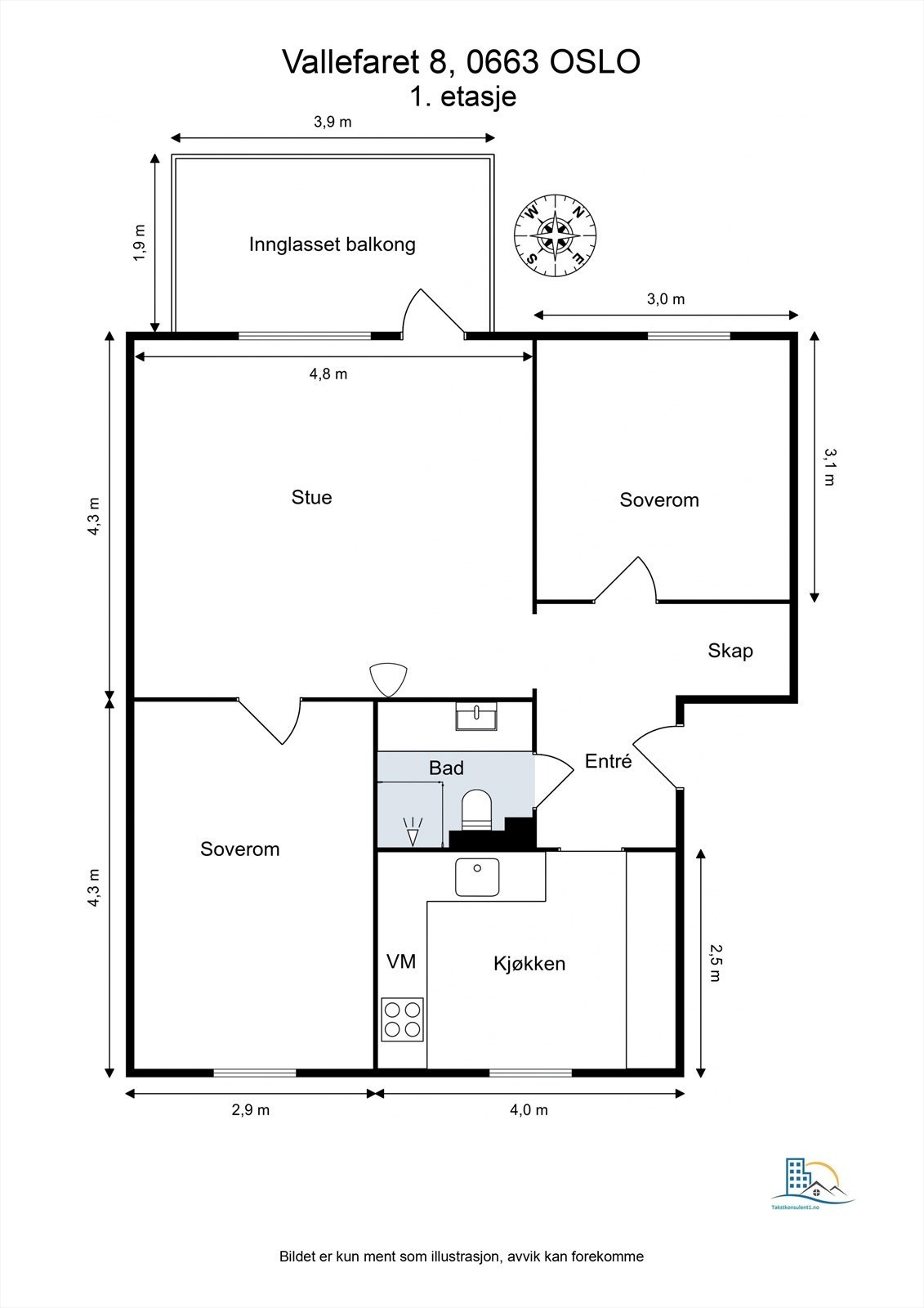 Leilighetens planløsning gir god størrelse på alle rom. Galleribilde