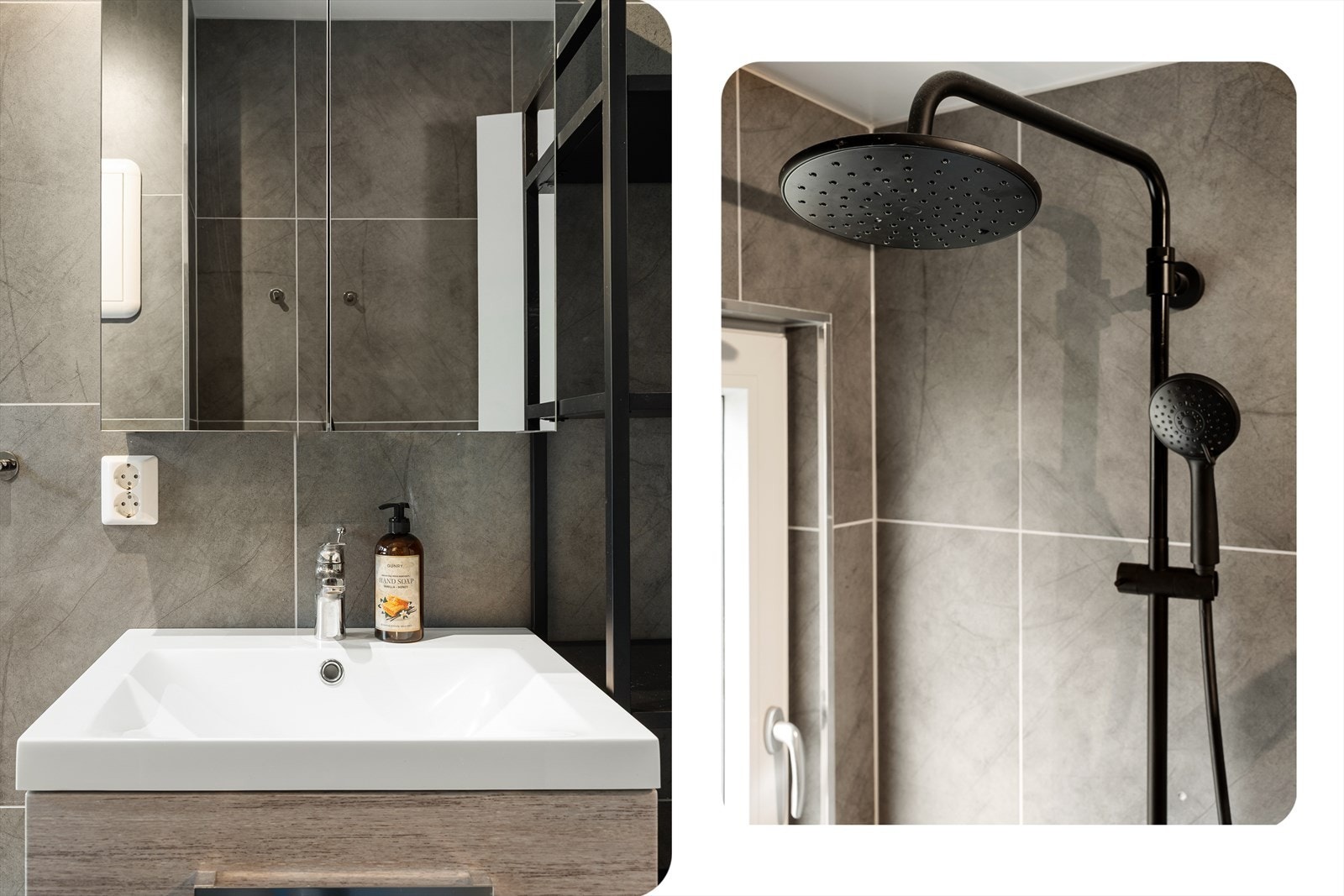Badet har store, moderne fliser i gråtoner. Det er opplegg for vaskemaskin Galleribilde