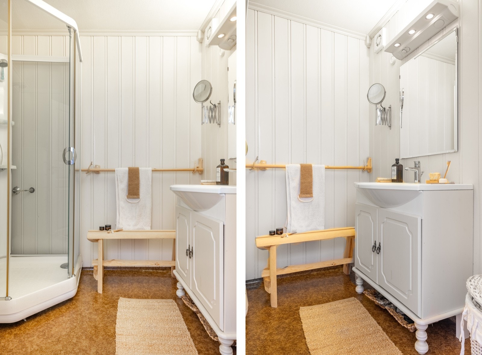 Badet er innredet med gulvstående servantinnredning, speil med overlys, stikkontakt over servant og dusjkabinett med dusjarmatur. Galleribilde