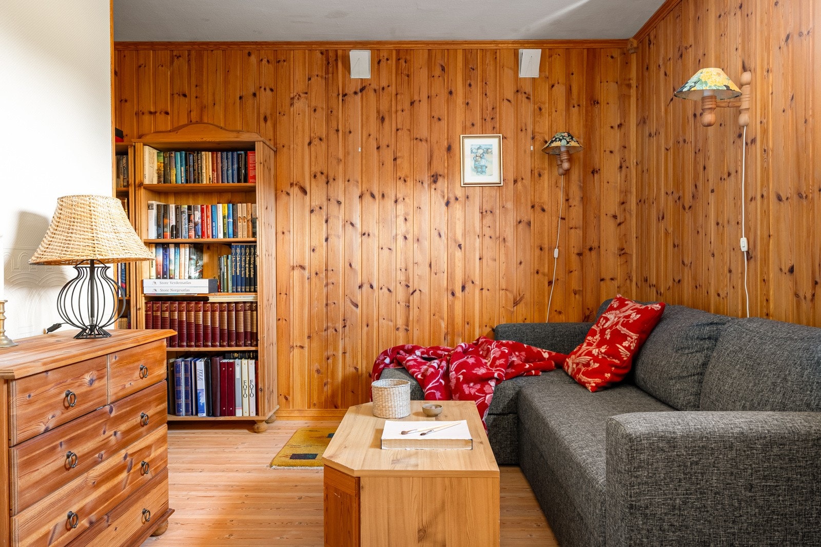 Stuen i underetasjen er opprinnelig tegnet inn som kjeller. Rommet er av god størrelse og egner seg godt som en mediesone. Galleribilde